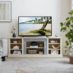 Large TV Desk Storage Rack with Faux Stacked Stone Surround,Media Console Table with Large Storage Cabinet,Modern TV Media Entertaionment Stand,WHITE, 70.12'W*15.35'D*25.83'H - Grand Goldman Shop