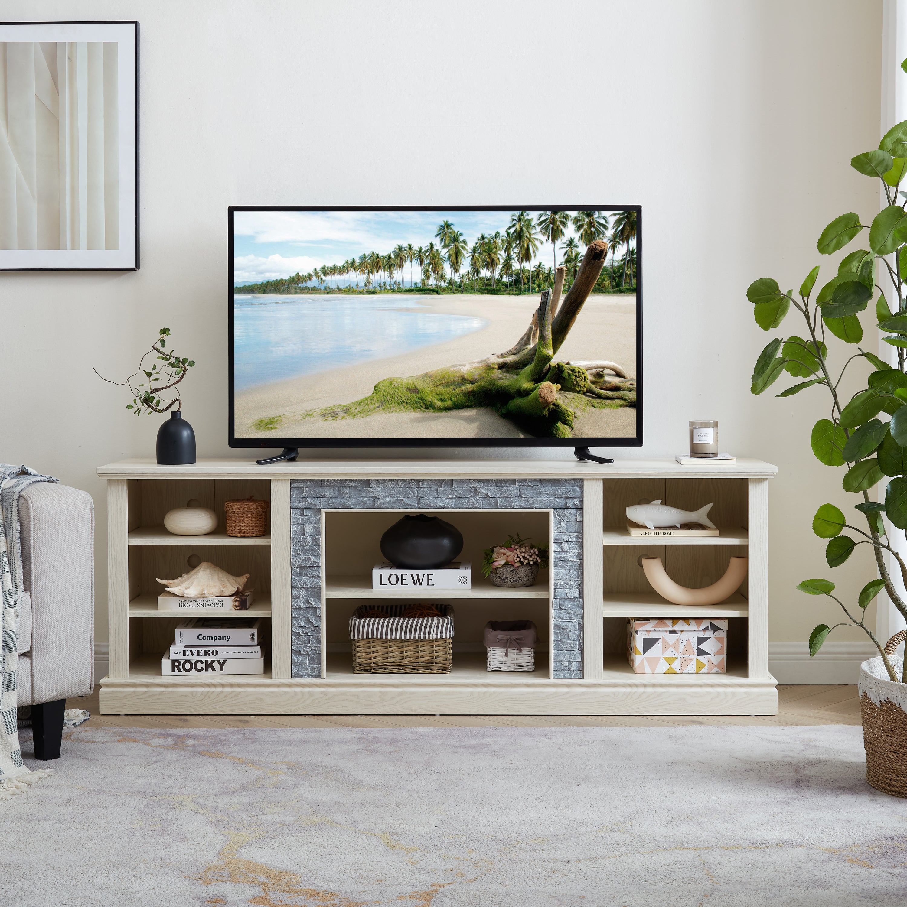 Large TV Desk Storage Rack with Faux Stacked Stone Surround,Media Console Table with Large Storage Cabinet,Modern TV Media Entertaionment Stand,WHITE, 70.12'W*15.35'D*25.83'H - Grand Goldman Shop