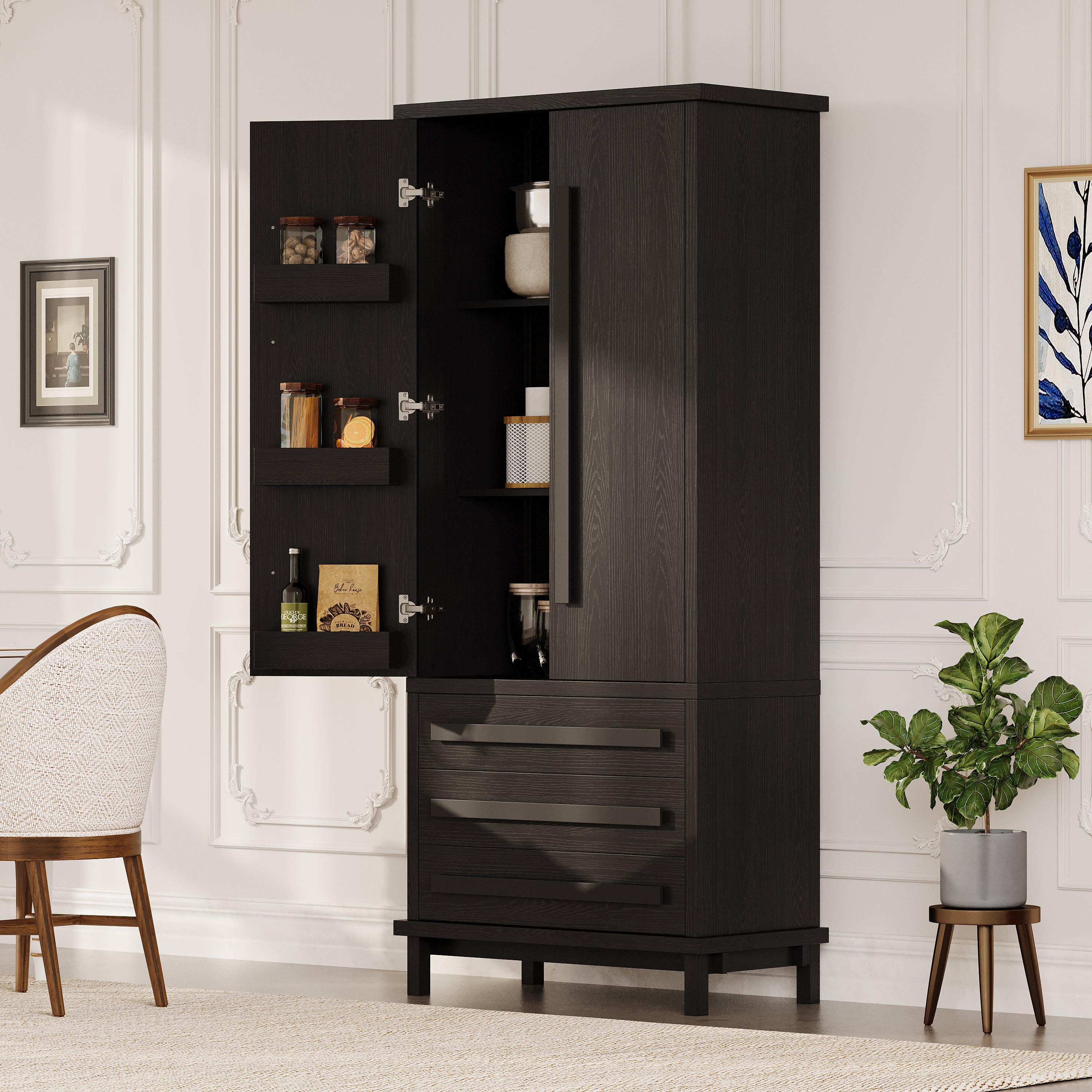70' Kitchen Pantry Cabinet with 2 Cabinet Shelves,Luxurious Wooden Cupboard with 6 Door Shelves and 3 Drawers for Kitchen, Dining Room,Black - Grand Goldman Shop