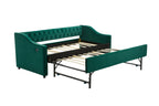 Twin Size Upholstered Daybed with Trundle,USB Port ,Side Pockets,Velvet Daybed with Button on Back and Piping on Waved Shape Arms for Bedroom Guest Room - Grand Goldman Shop