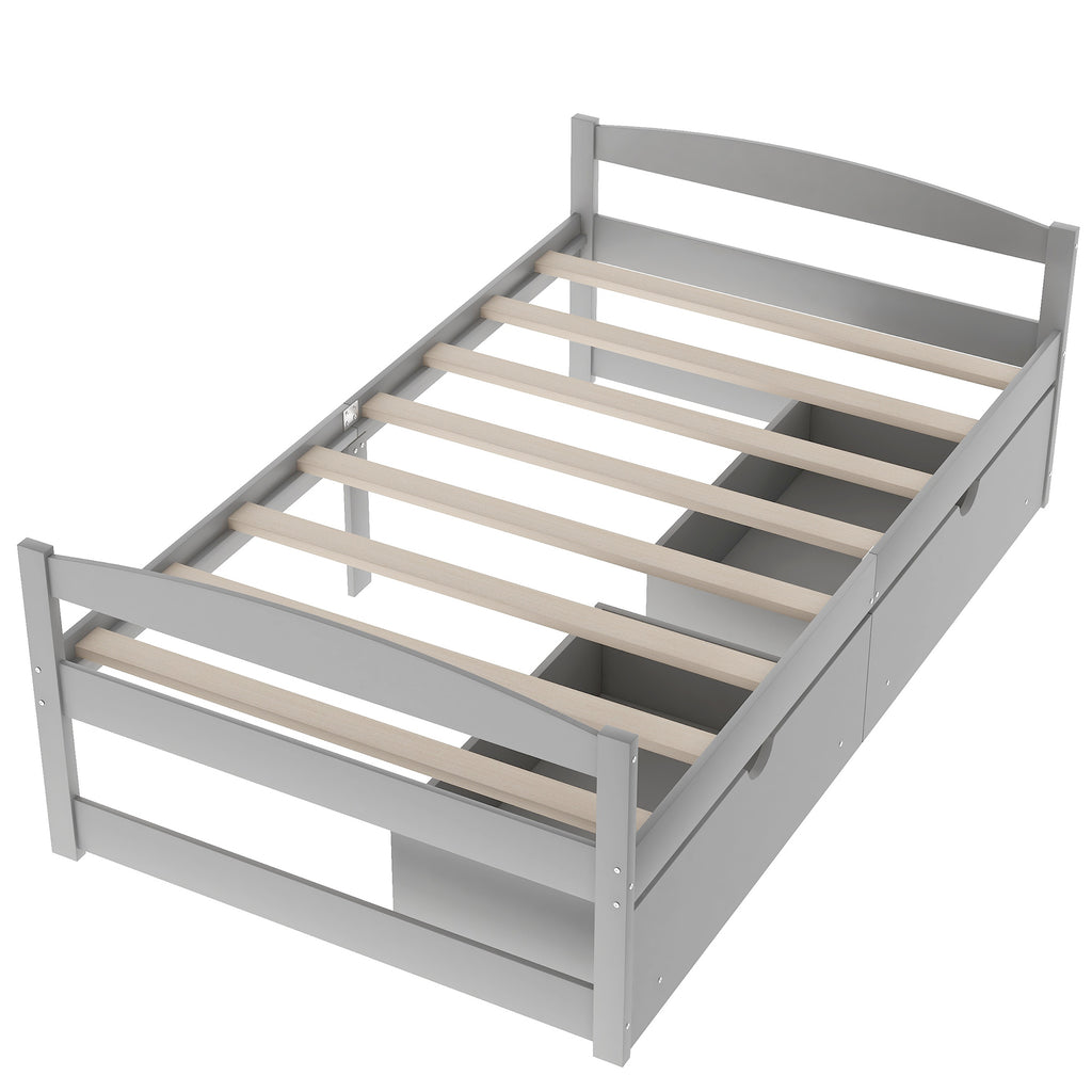 Gray Twin Size Platform Bed with Two Drawers, Pine Wood and MDF Construction - Grand Goldman Shop