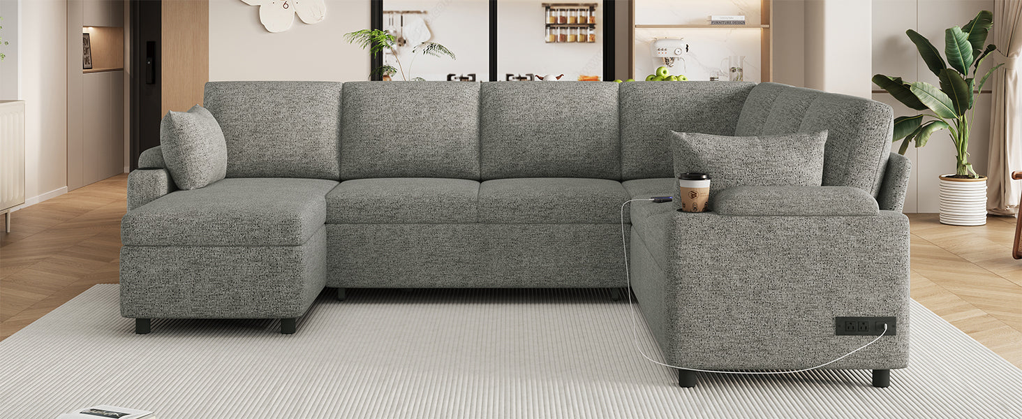 Versatile Light Grey Chenille Sectional Sofa Bed with Storage, Cup Holders & Charging Ports, 109.9' - Grand Goldman Shop