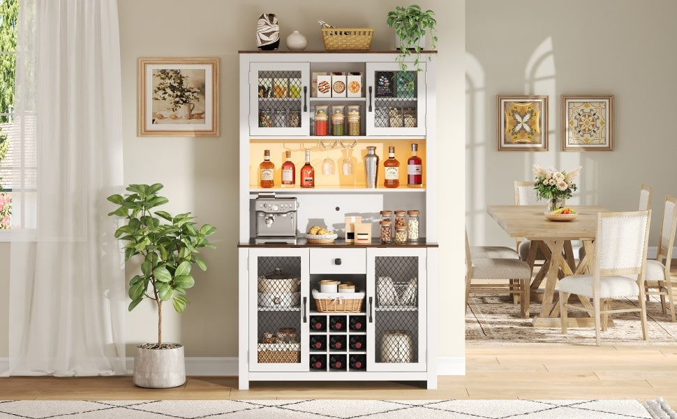 70.9' Kitchen Pantry Storage Cabinet Rustic Buffet Cabinet, Kitchen Hutch Cabinet with LED Outlets Food Pantry Cabinet with Doors and Shelves Wine Rack for Dining Room, White - Grand Goldman Shop