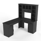 L-shaped computer desk with 2 cabinets and 2 drawers underneath the table, 11 open shelves and a flip-up shelf with storage o