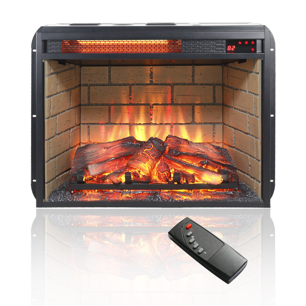 Vintage Infrared Quartz Heater Fireplace Insert with Realistic Logs, Brick Design, Antique Black, Tempered Glass, 23 Inch - Grand Goldman Shop