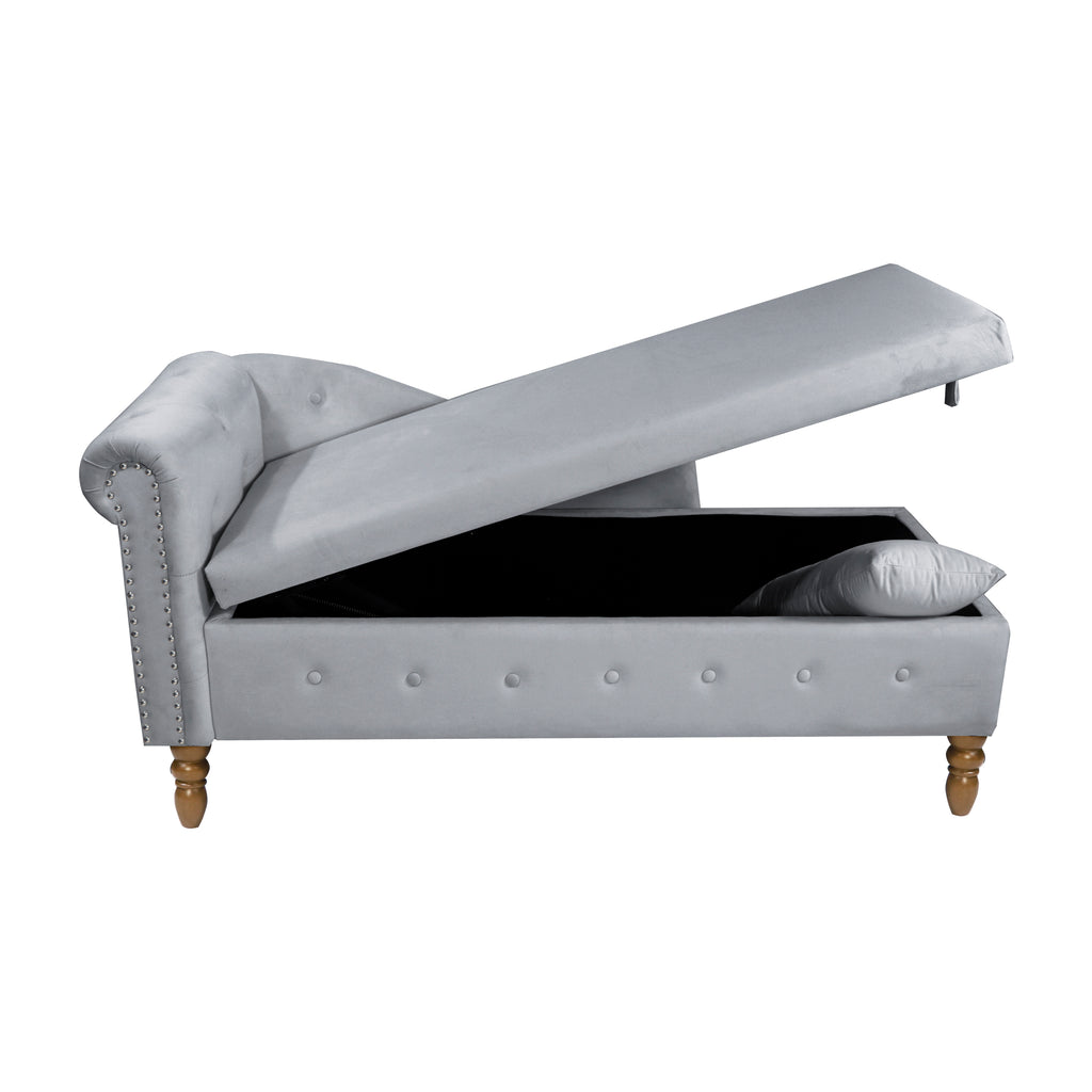 Grey Chaise Lounge Indoor, Velvet Lounge Chair for Bedroom with Storage & Pillow, Modern Upholstered Rolled Arm Chase Lounge for Sleeping with Nailhead Trim for Living Room Bedroom Office - Grand Goldman Shop