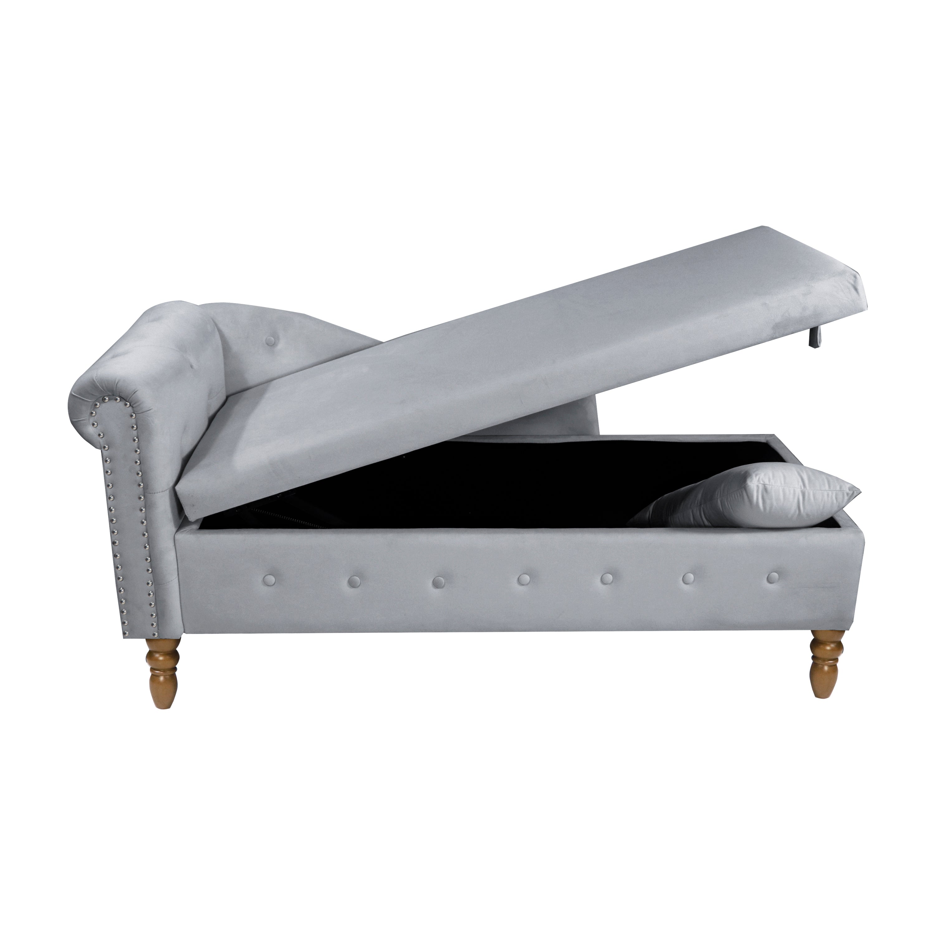 Grey Chaise Lounge Indoor, Velvet Lounge Chair for Bedroom with Storage & Pillow, Modern Upholstered Rolled Arm Chase Lounge for Sleeping with Nailhead Trim for Living Room Bedroom Office - Grand Goldman Shop