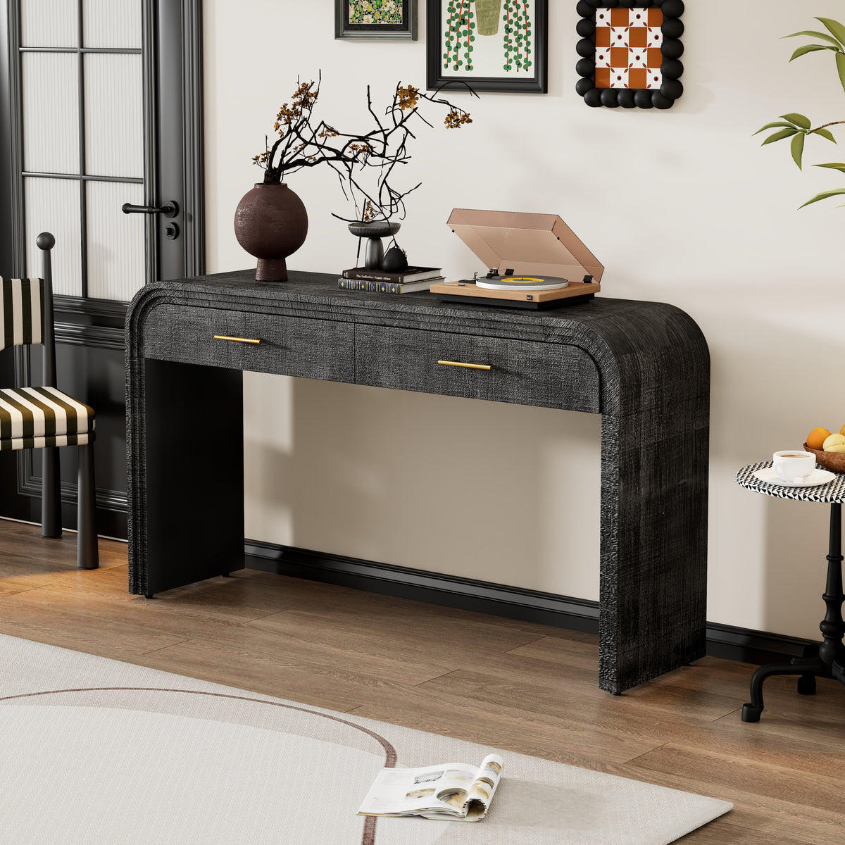 TREXM Unique Retro Silhouette Console Table with Open Style, Two Top Drawers for Entrance, Dinning Room, Living Room (Antique Black) - Grand Goldman Shop
