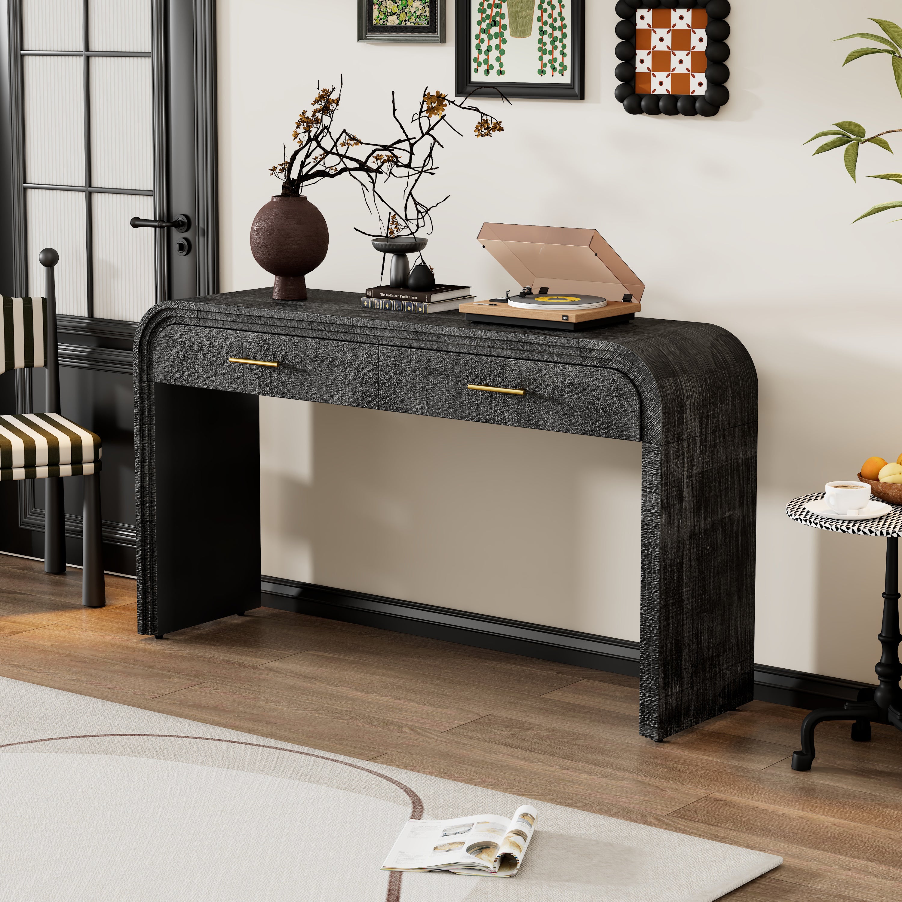 TREXM Unique Retro Silhouette Console Table with Open Style, Two Top Drawers for Entrance, Dinning Room, Living Room (Antique Black) - Grand Goldman Shop