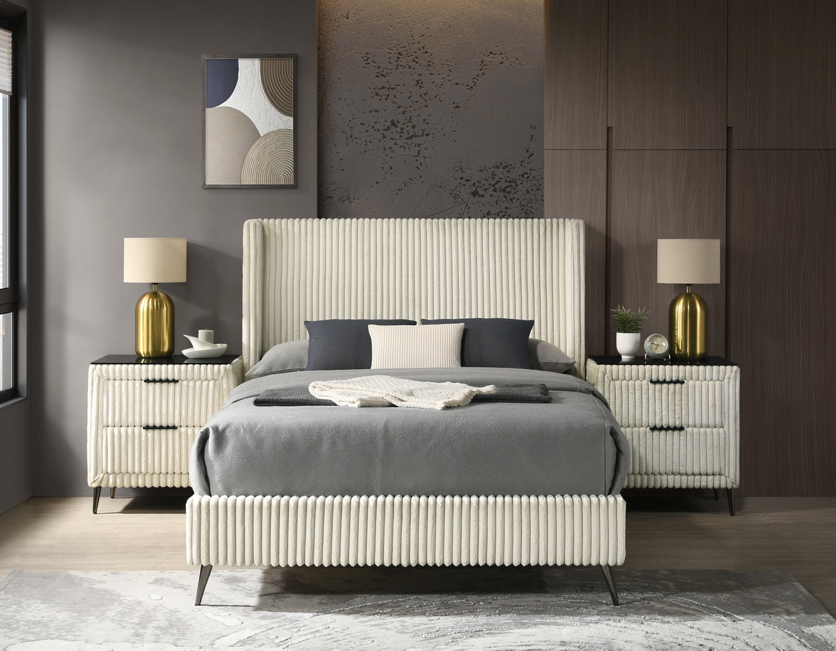 Mavela Wide Wale Corduroy Upholstery Panel Queen Bed with 2 Nightstands, Cream - Grand Goldman Shop