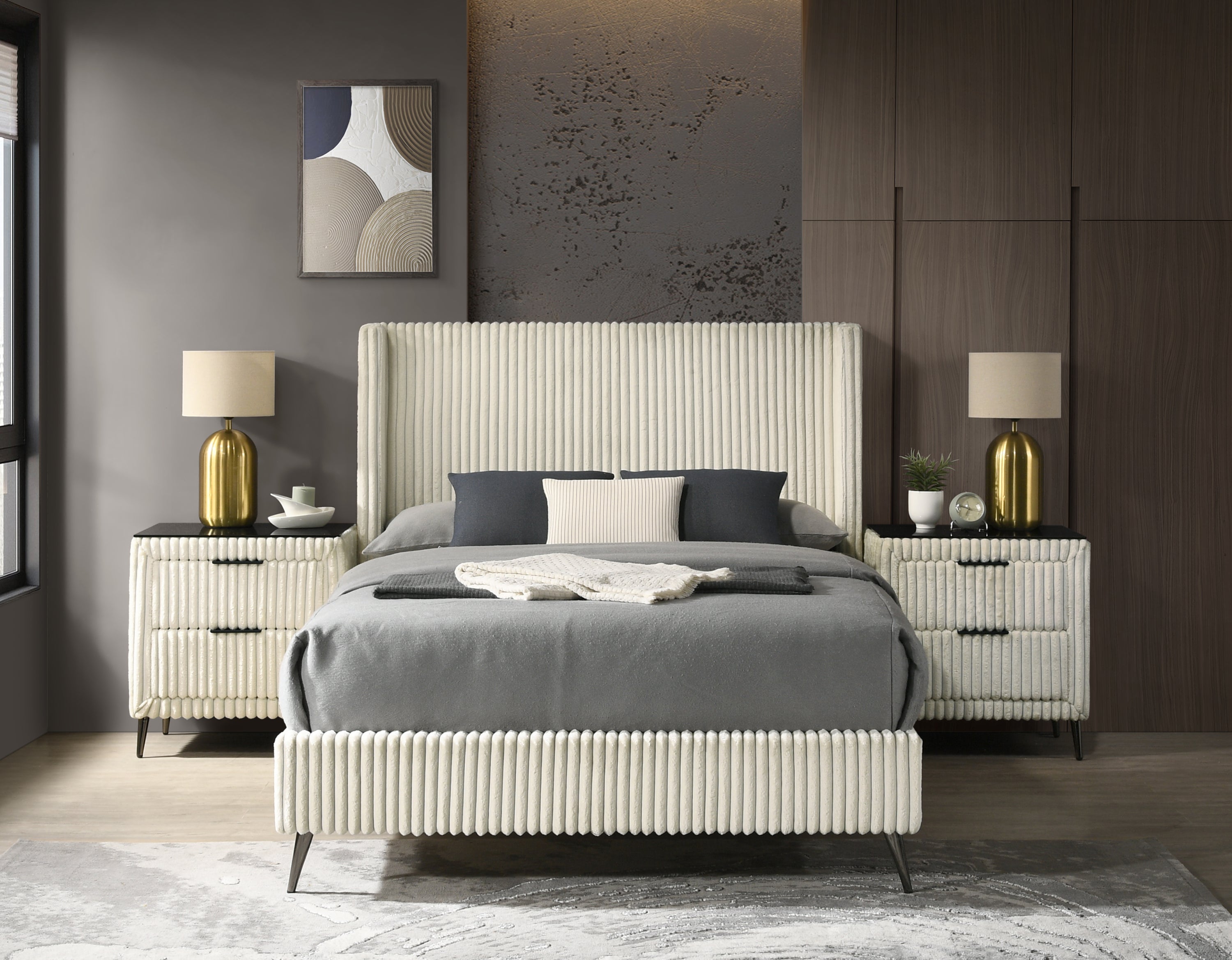 Mavela Wide Wale Corduroy Upholstery Panel Queen Bed with 2 Nightstands, Cream - Grand Goldman Shop