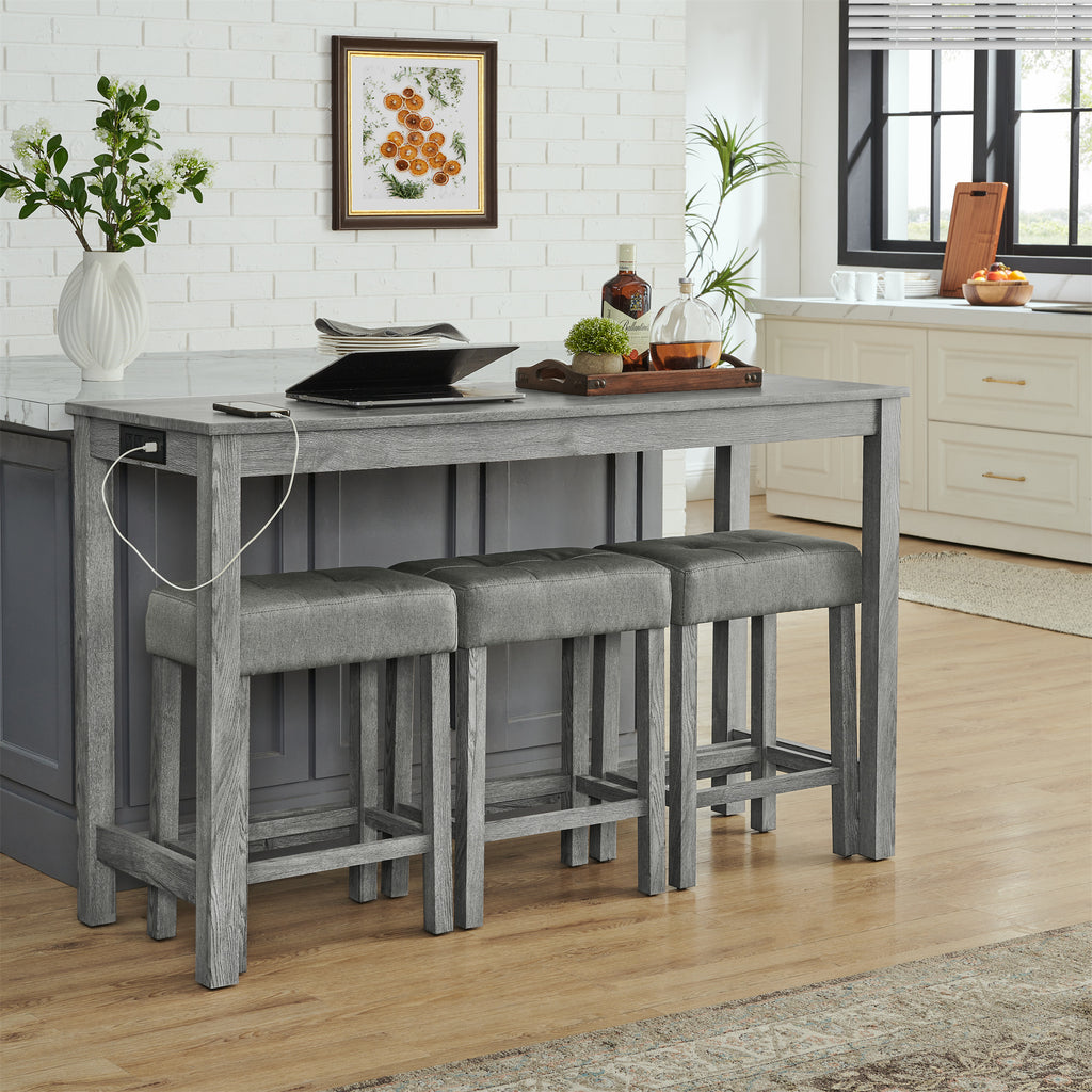 59 Inch Bar Table, Dining Table, Sofa Table with Power Outlet, 3 Upholstered Stools, 4 Piece Bar Table and Chair Set for Living Room, Dining Room, Kitchen - Grand Goldman Shop