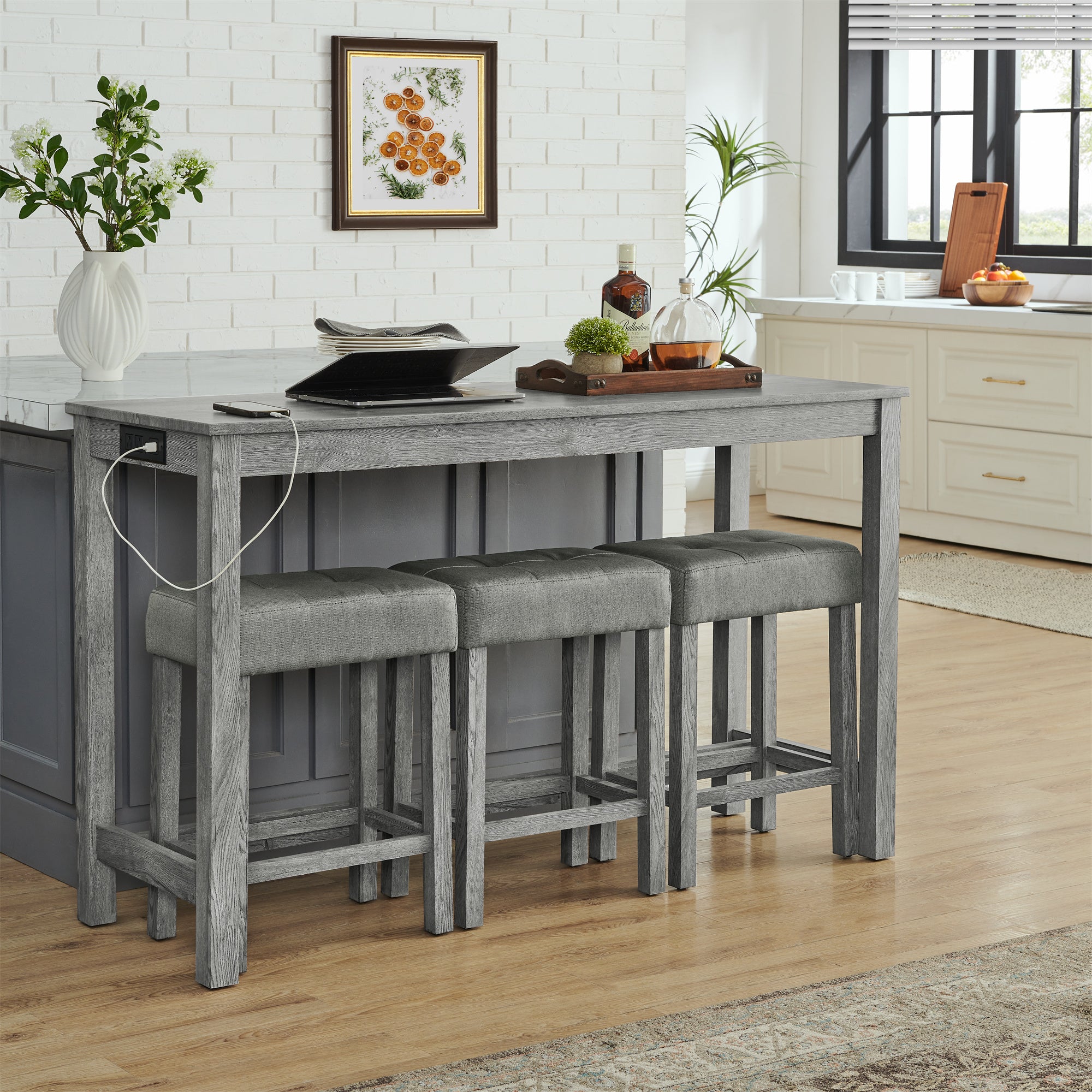 59 Inch Bar Table, Dining Table, Sofa Table with Power Outlet, 3 Upholstered Stools, 4 Piece Bar Table and Chair Set for Living Room, Dining Room, Kitchen - Grand Goldman Shop