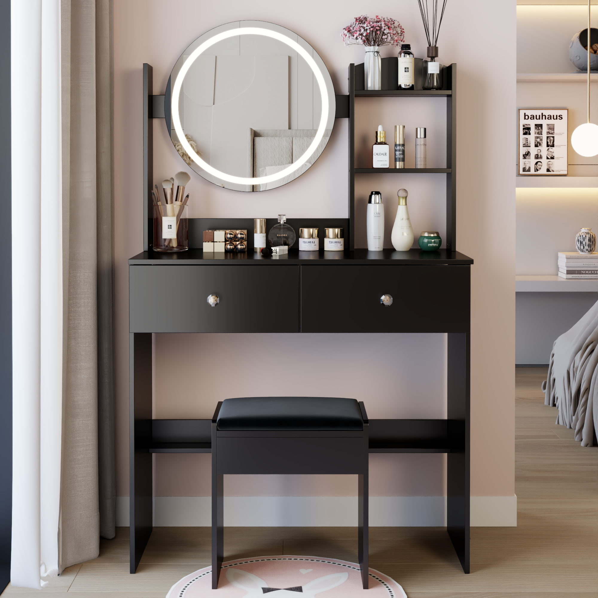 17' Round LED Mirror Vanity Table + Soft Cushion Stool Set, Large Mirror, Touch Switch, 3 colors, Adjustable Brightness, Large Desktop, Multi-layer High Capacity Storage, Suitable For Small Space - Grand Goldman Shop