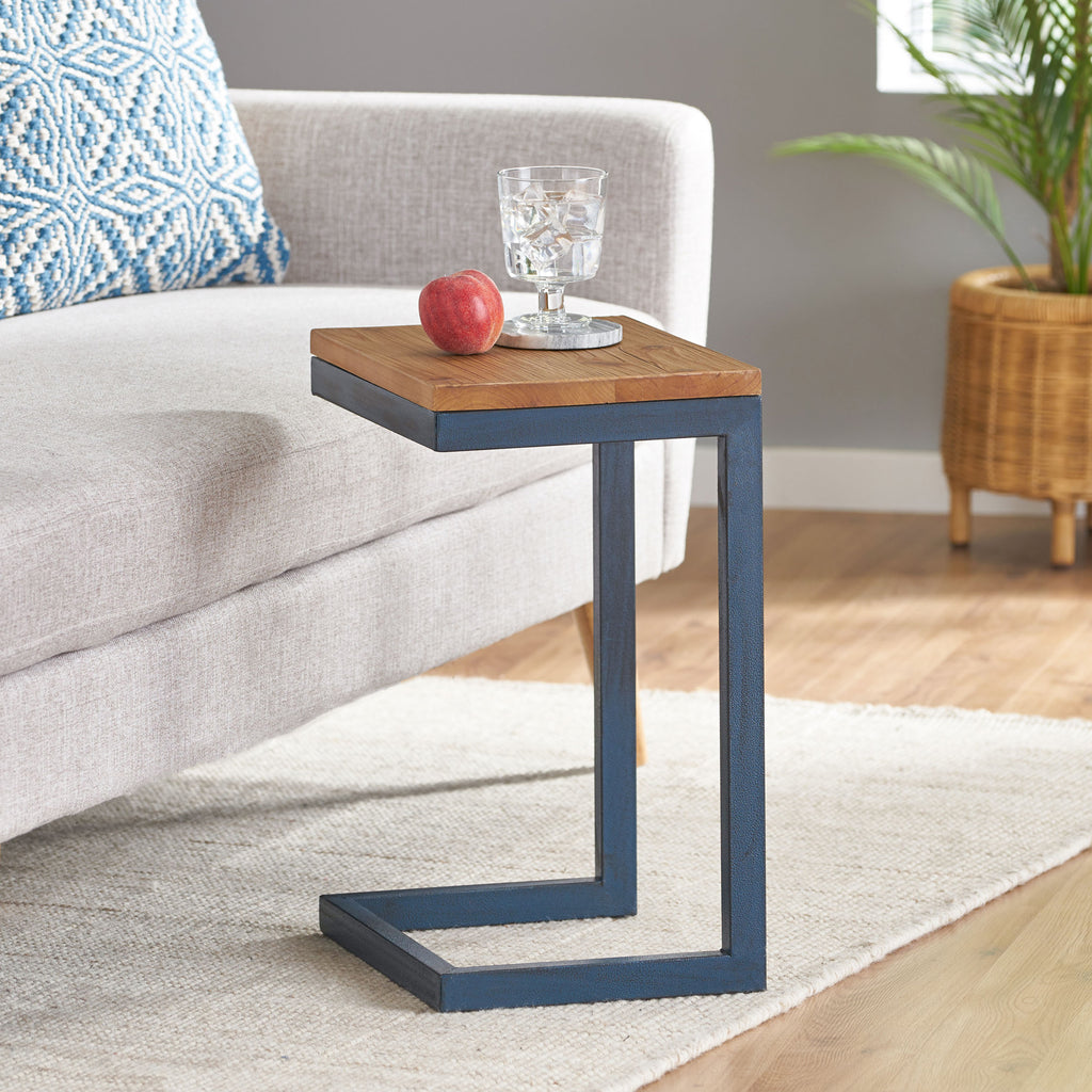 Small C-shaped End Table with Iron Base and Fir Wood Top, Black - Grand Goldman Shop