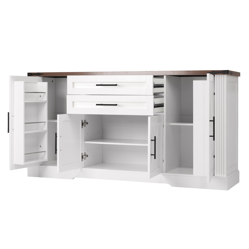 White Farmhouse Barn Door Storage Cabinet with 2 Drawers & Door Rack, Adjustable Shelves, MDF Construction, 63.11' L x 15.75' W x 32.09' H - Grand Goldman Shop