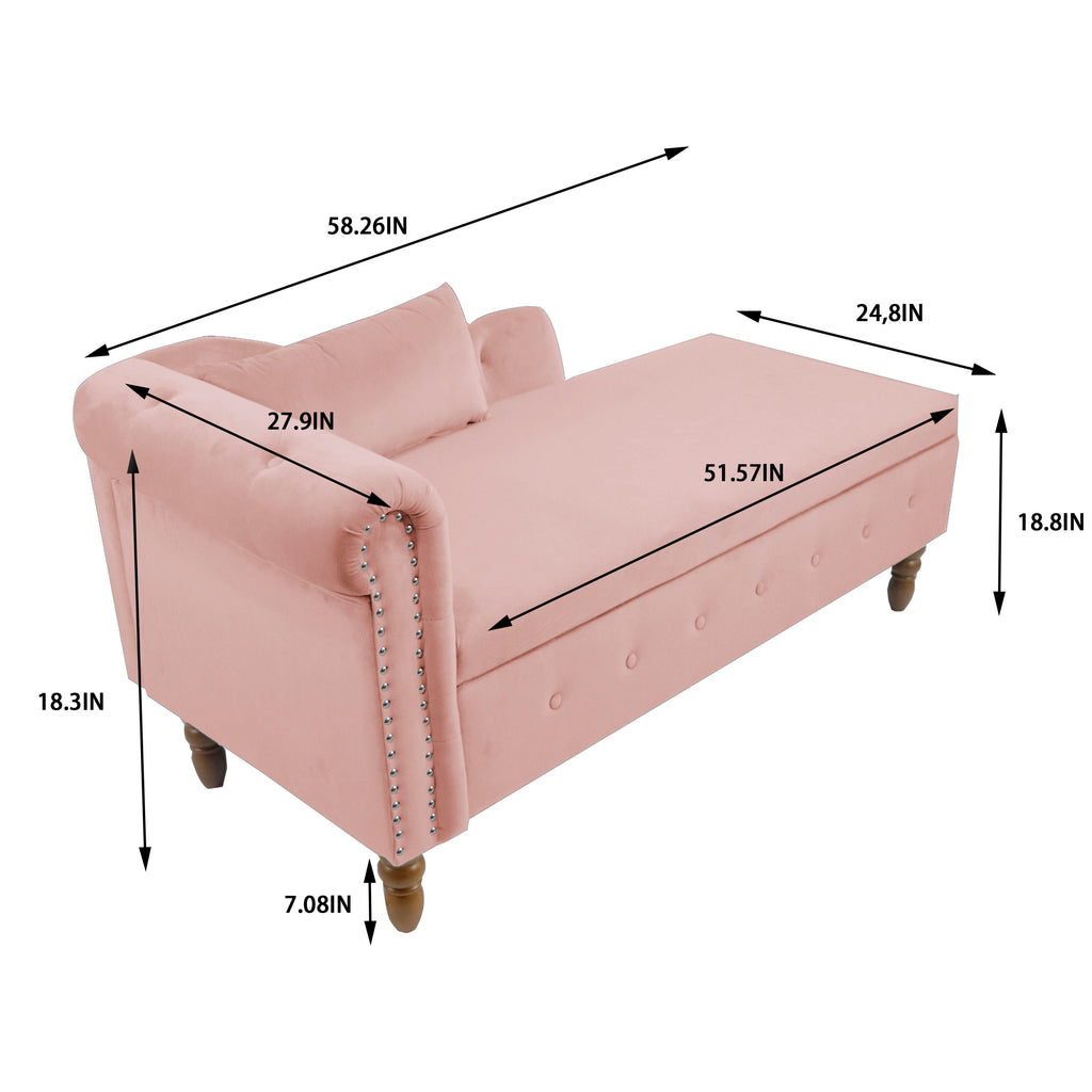 Pink Chaise Lounge Indoor, Velvet Lounge Chair for Bedroom with Storage & Pillow, Modern Upholstered Rolled Arm Chase Lounge for Sleeping with Nailhead Trim for Living Room Bedroom Office - Grand Goldman Shop