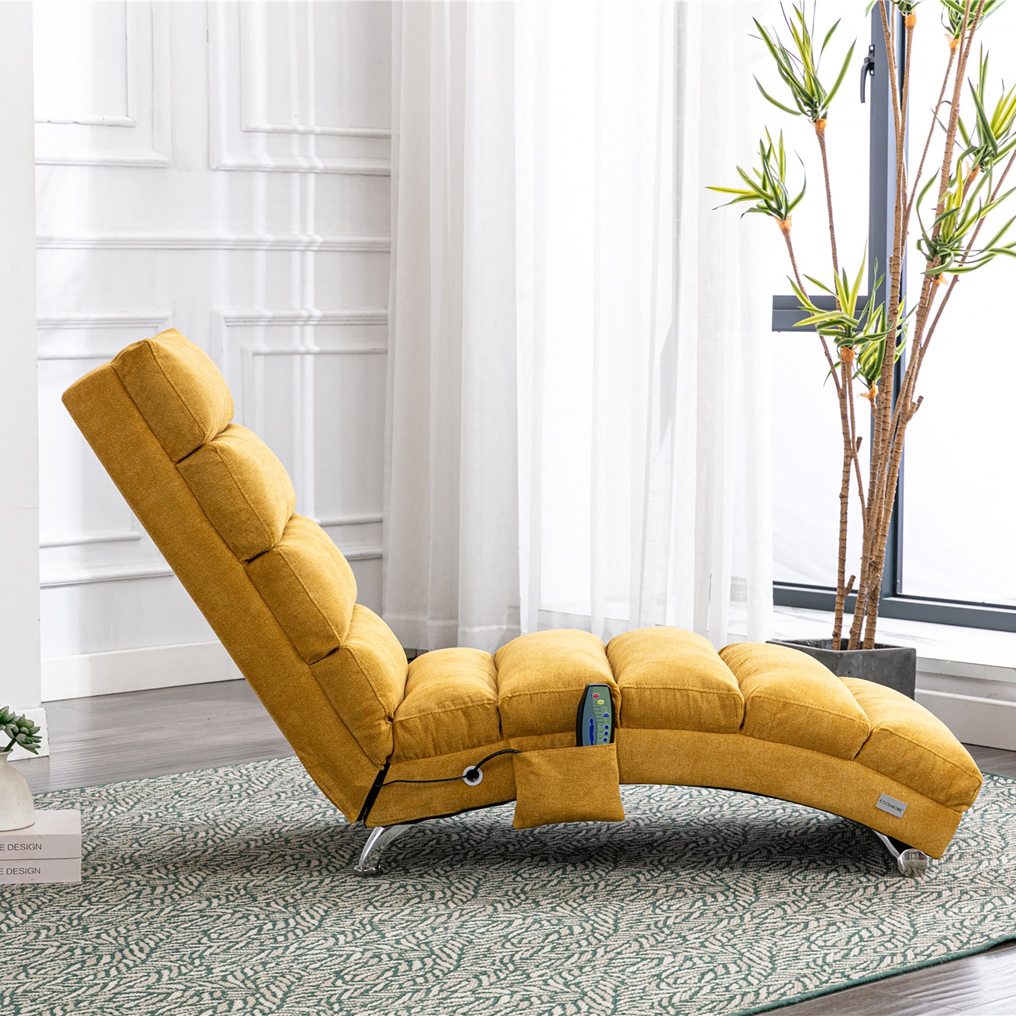 Ergonomic Linen Massage Chaise Lounge with Remote Control, Mustard Color, 5 Modes for Office, Living Room, Bedroom - Grand Goldman Shop