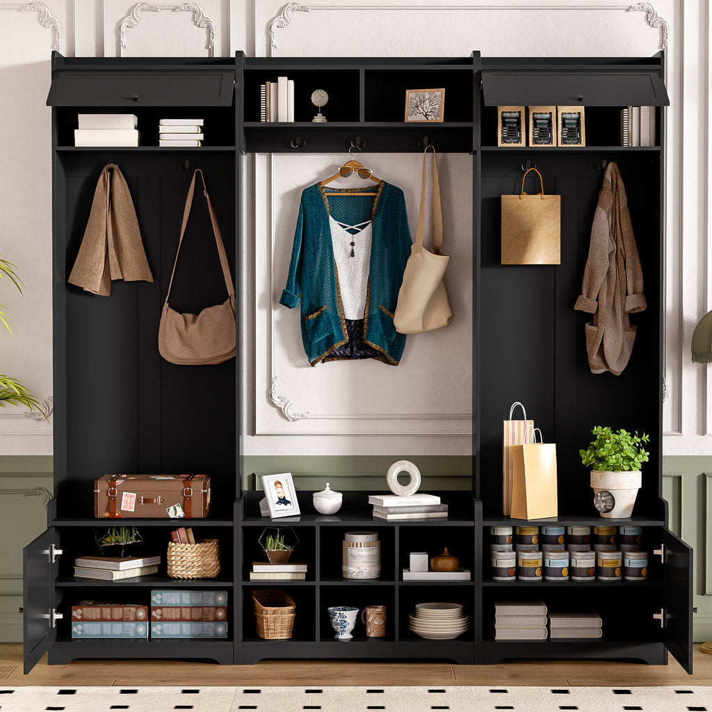 VIBE HAUS 79.1''Wide Modern Hall Tree with Shoe Storage, 4-in-1 Entryway Bench with 8 Cubbies, 7 Coat Hooks & Adjustable Shelf for Hallway, living room, Black - Grand Goldman Shop