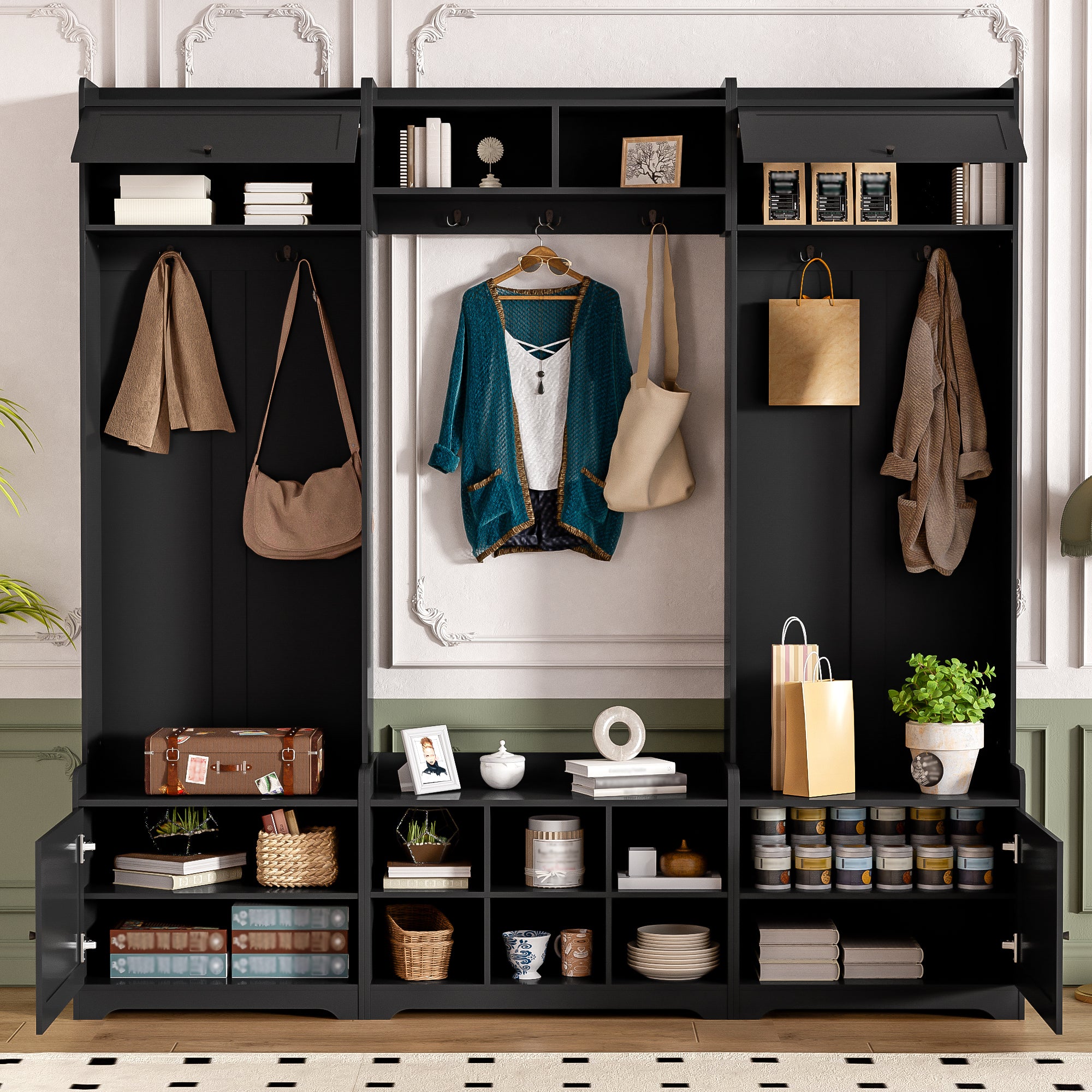 VIBE HAUS 79.1''Wide Modern Hall Tree with Shoe Storage, 4-in-1 Entryway Bench with 8 Cubbies, 7 Coat Hooks & Adjustable Shelf for Hallway, living room, Black - Grand Goldman Shop