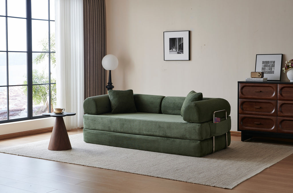 78.8' Compression Sofa,Convertible Floor Sofa Bed-with Pillow Back Support Armrest,Comfy Futon Couch Sleeper Bed,Loveseats Boneless Modular Sectional Sofa,Corduroy fabric,for Living Room,Bedroom,Green - Grand Goldman Shop