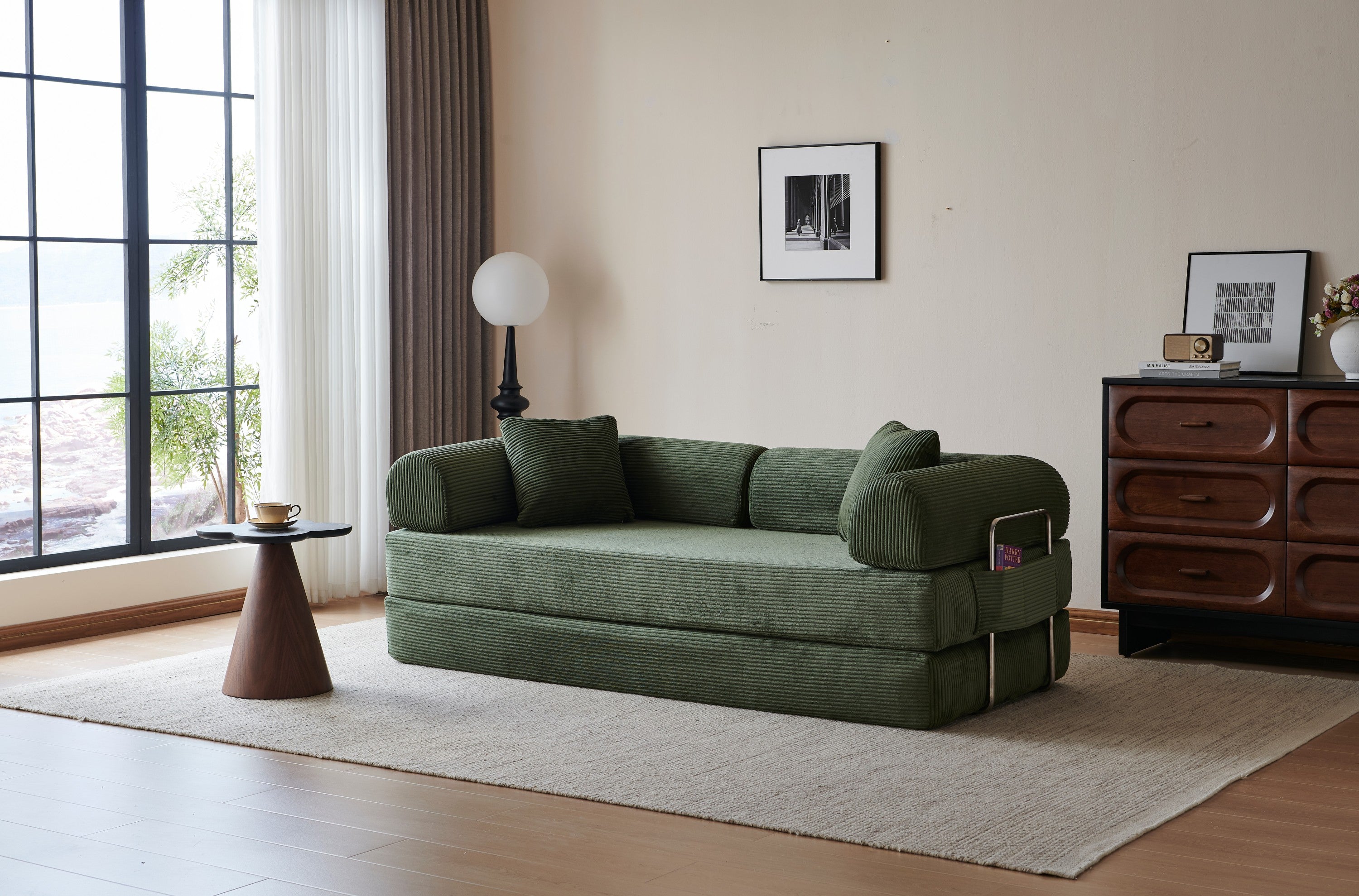 78.8' Compression Sofa,Convertible Floor Sofa Bed-with Pillow Back Support Armrest,Comfy Futon Couch Sleeper Bed,Loveseats Boneless Modular Sectional Sofa,Corduroy fabric,for Living Room,Bedroom,Green - Grand Goldman Shop