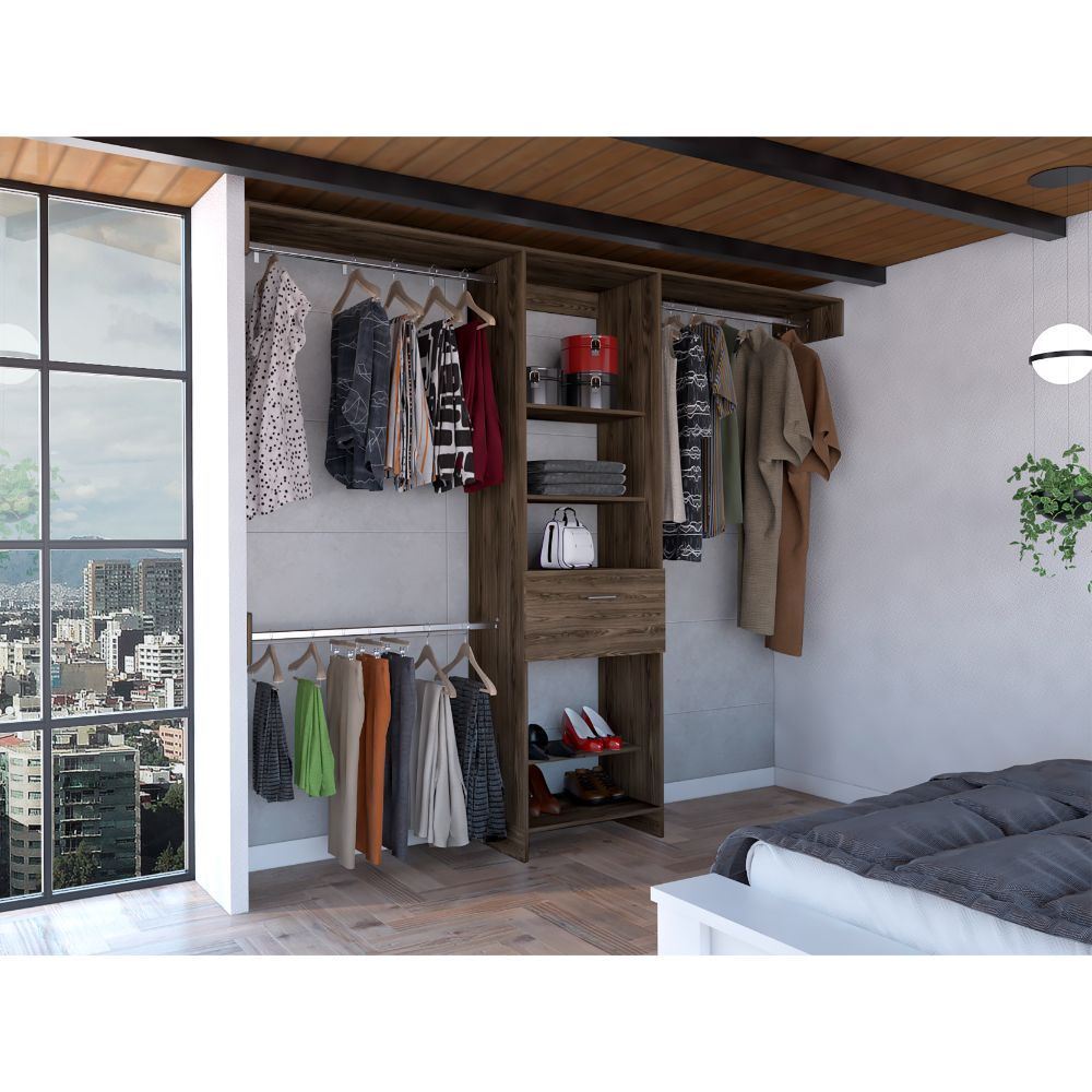 Manchester 250 Closet System, Five Open Shelves, One Drawer, Three Metal Rods -Dark Walnut - Grand Goldman Shop