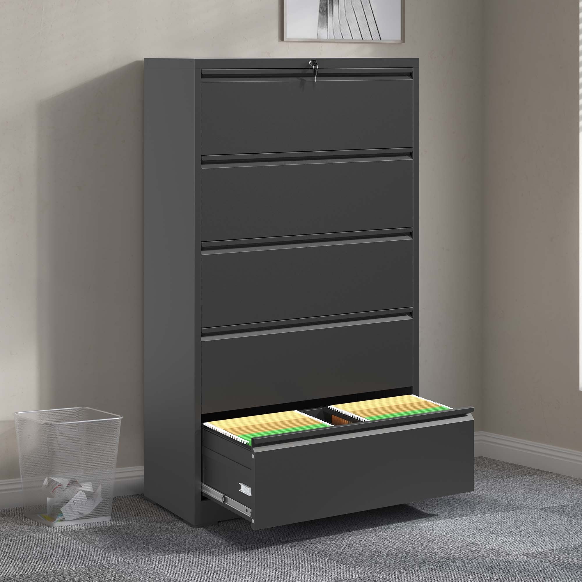 5 Drawer Metal Lateral File Cabinet , Black Filing Cabinet with Lock, Lockable File Cabinet for Home Office, Locking Metal Fi
