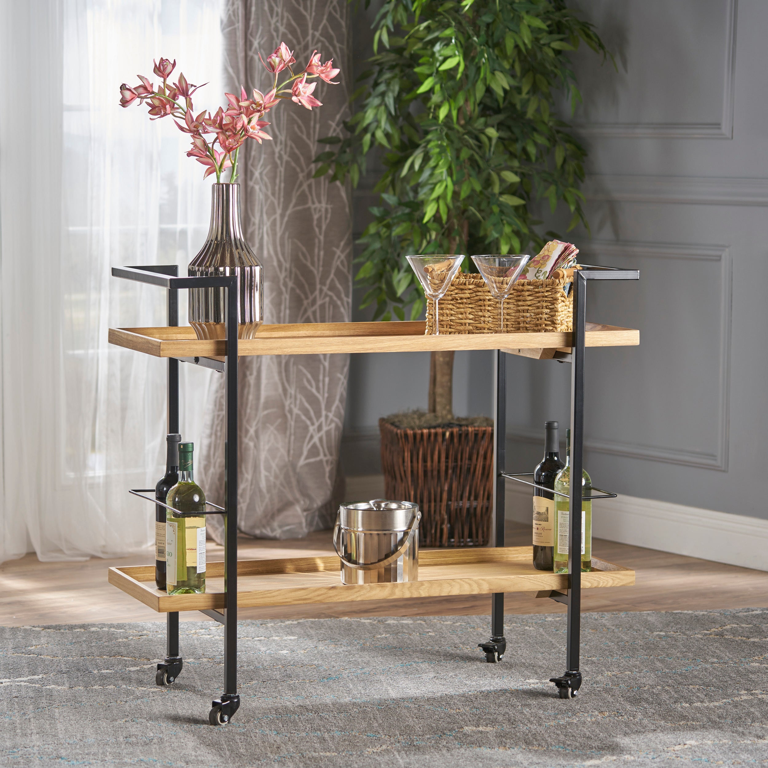 Modern Industrial Bar Cart with Shelving and Casters in Natural Wood and Metal, 38 x 16.1 x 33 inches - Grand Goldman Shop