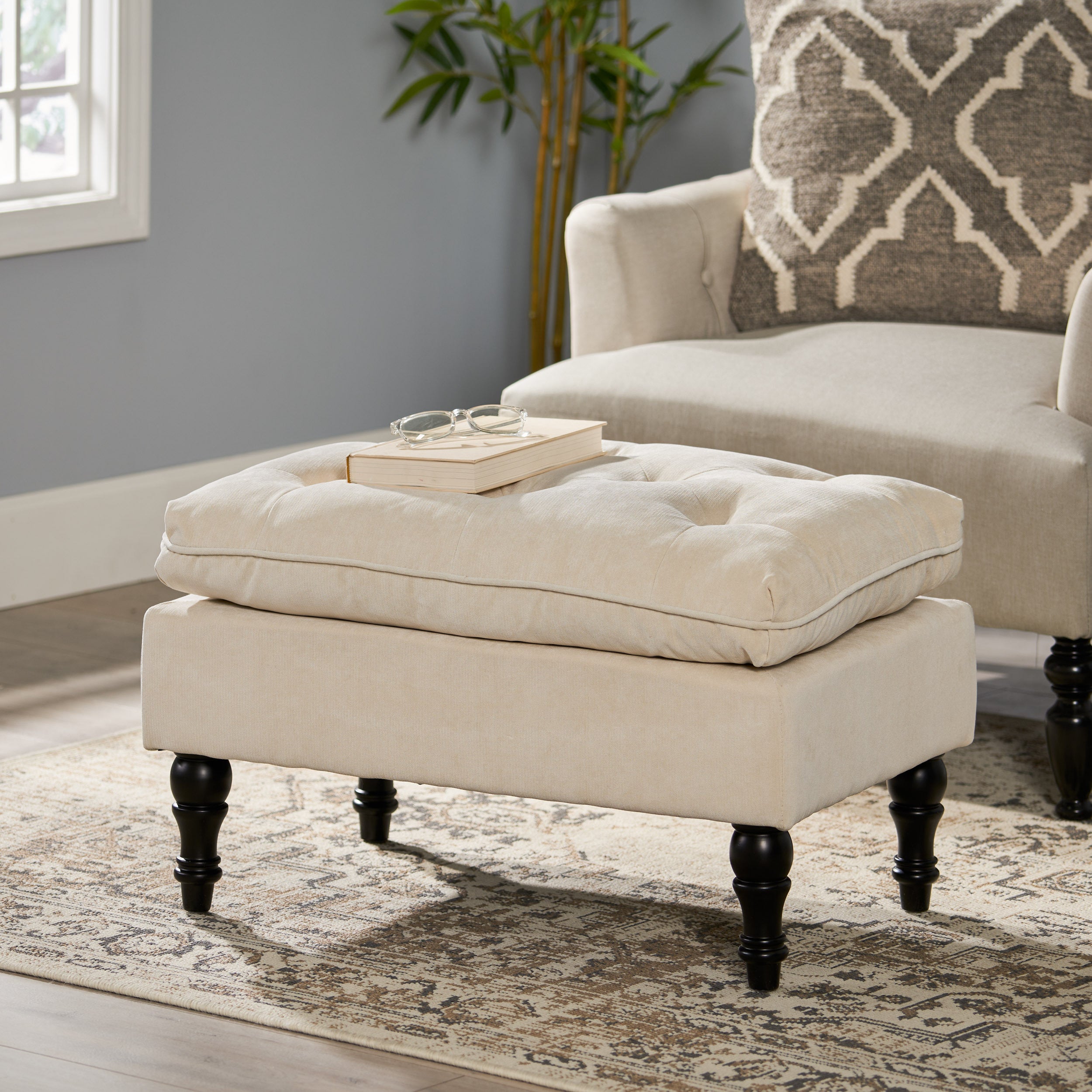 LOFTON Pillow Top Ottoman with Button Tufting in Cream Fabric, 28 Inch - Grand Goldman Shop