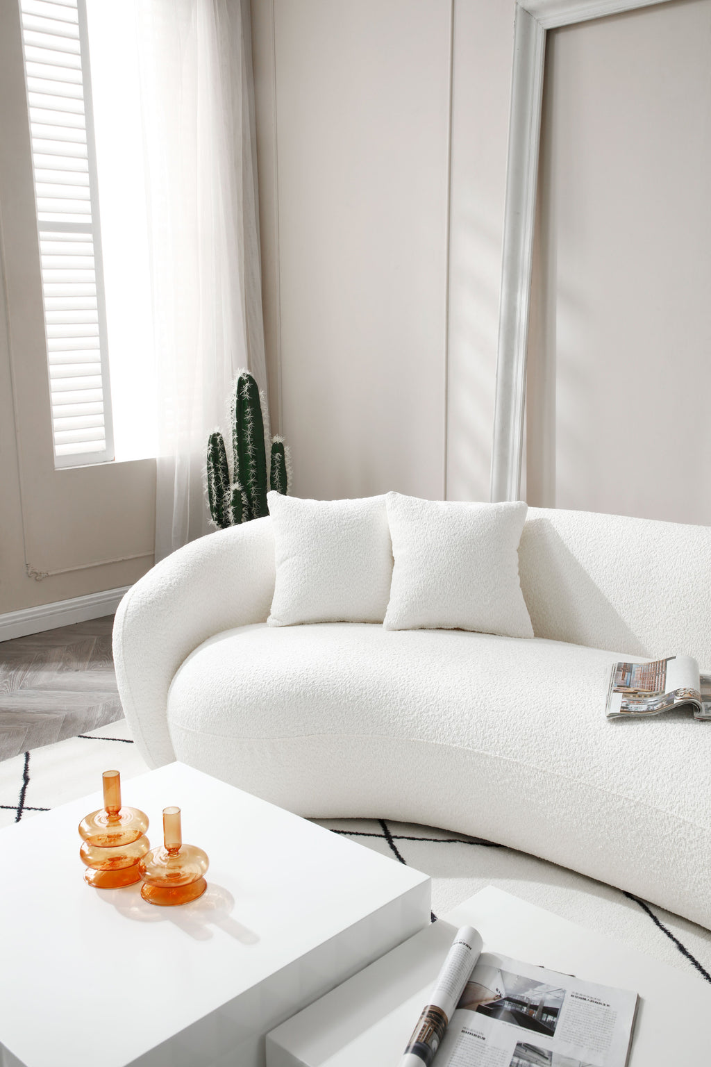 102'' 5-Seater Boucle Sofa Modern Sectional Half Moon Leisure Couch Curved Sofa  WHITE - Grand Goldman Shop