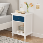 Navy+Golden Handle Wooden Nightstand with One Drawer One Shelf for Kids and Adults, White+Navy Finish, MDF Material, 26.77''H - Grand Goldman Shop