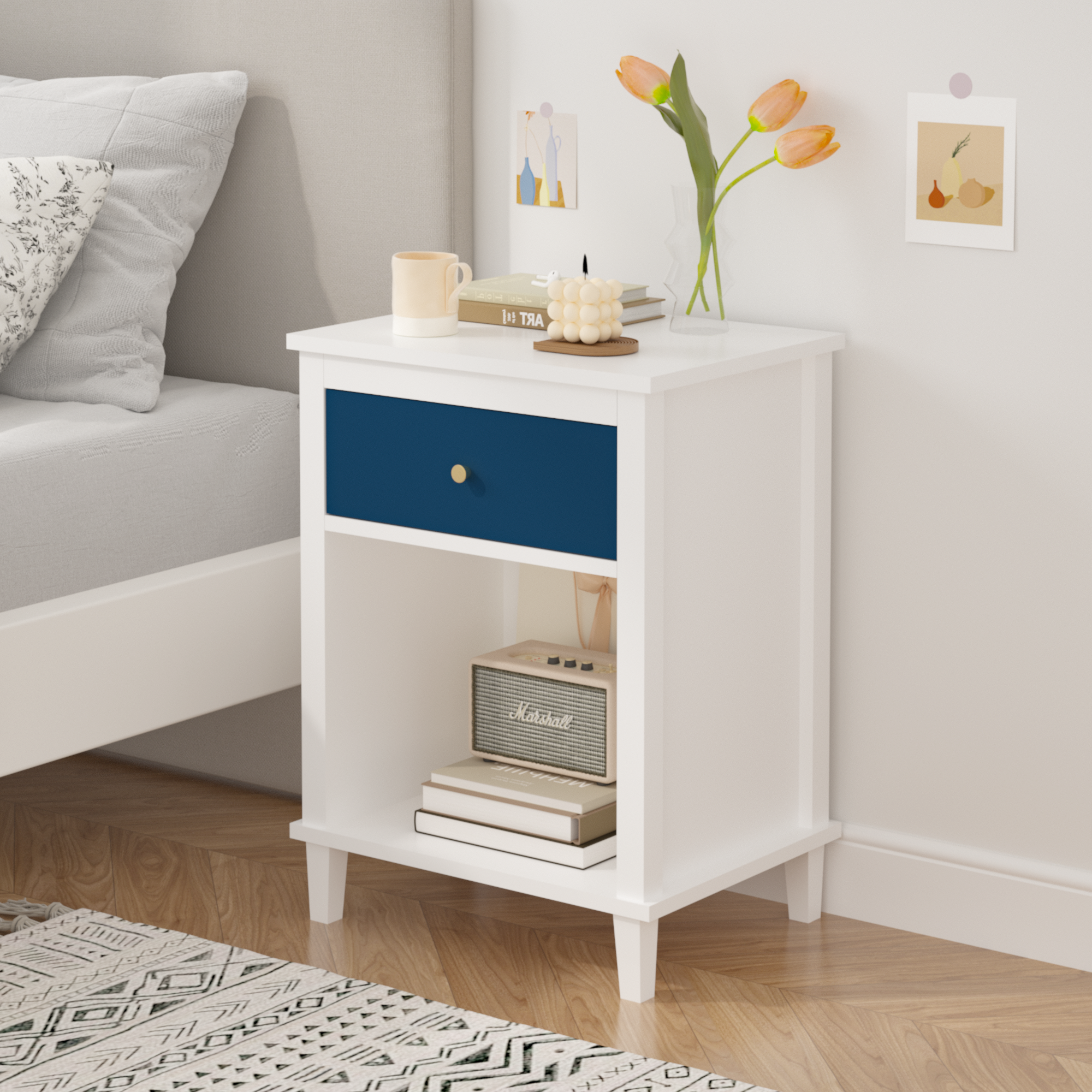 Navy+Golden Handle Wooden Nightstand with One Drawer One Shelf for Kids and Adults, White+Navy Finish, MDF Material, 26.77''H - Grand Goldman Shop