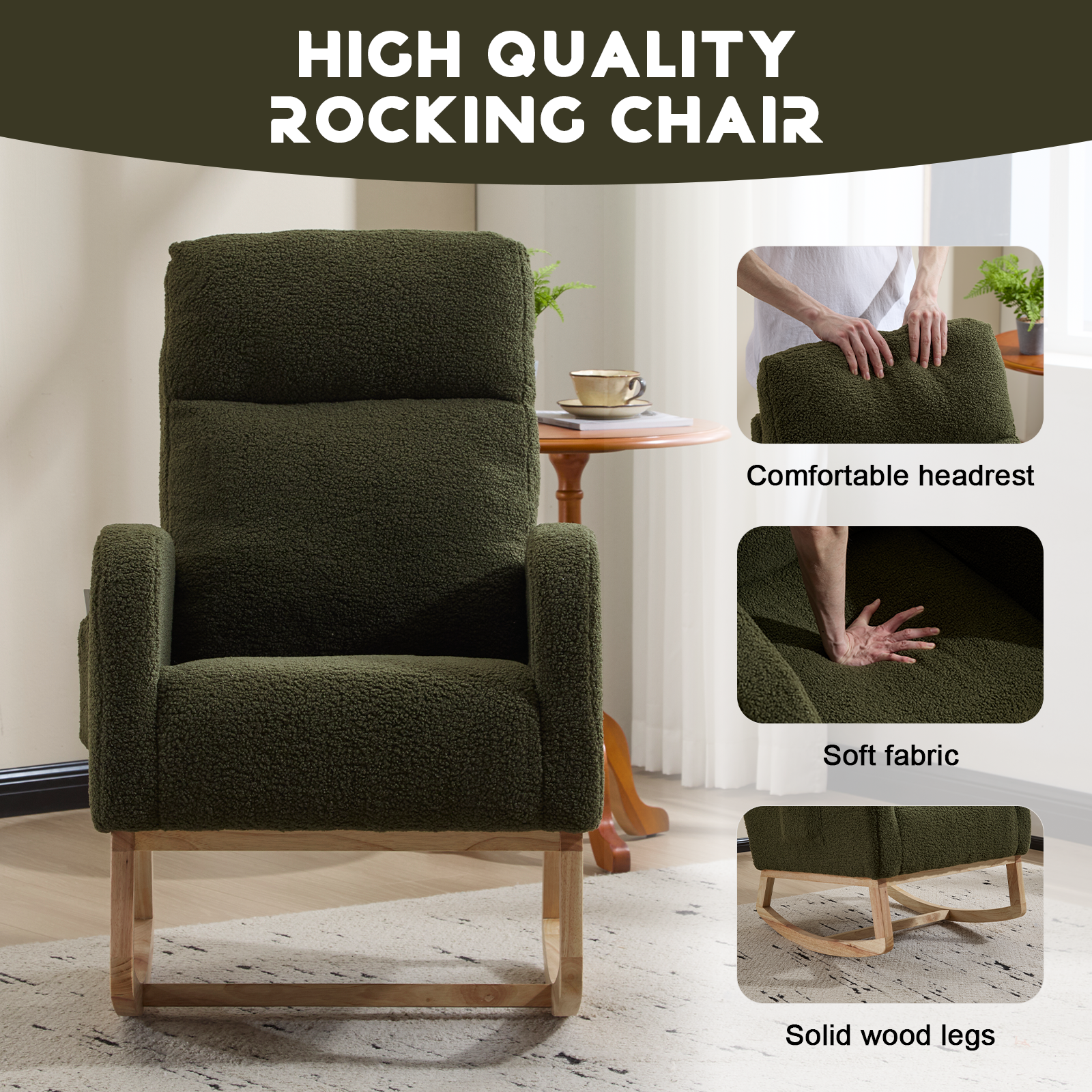 Modern Accent Rocking Chair Rocking Chair with Solid Wood Legs, Upholstered Nursery Glider Rocker, Comfy Armchair with Side Pocket, Living Room Lounge Arm Chair with High Backrest (green,teddy) - Grand Goldman Shop
