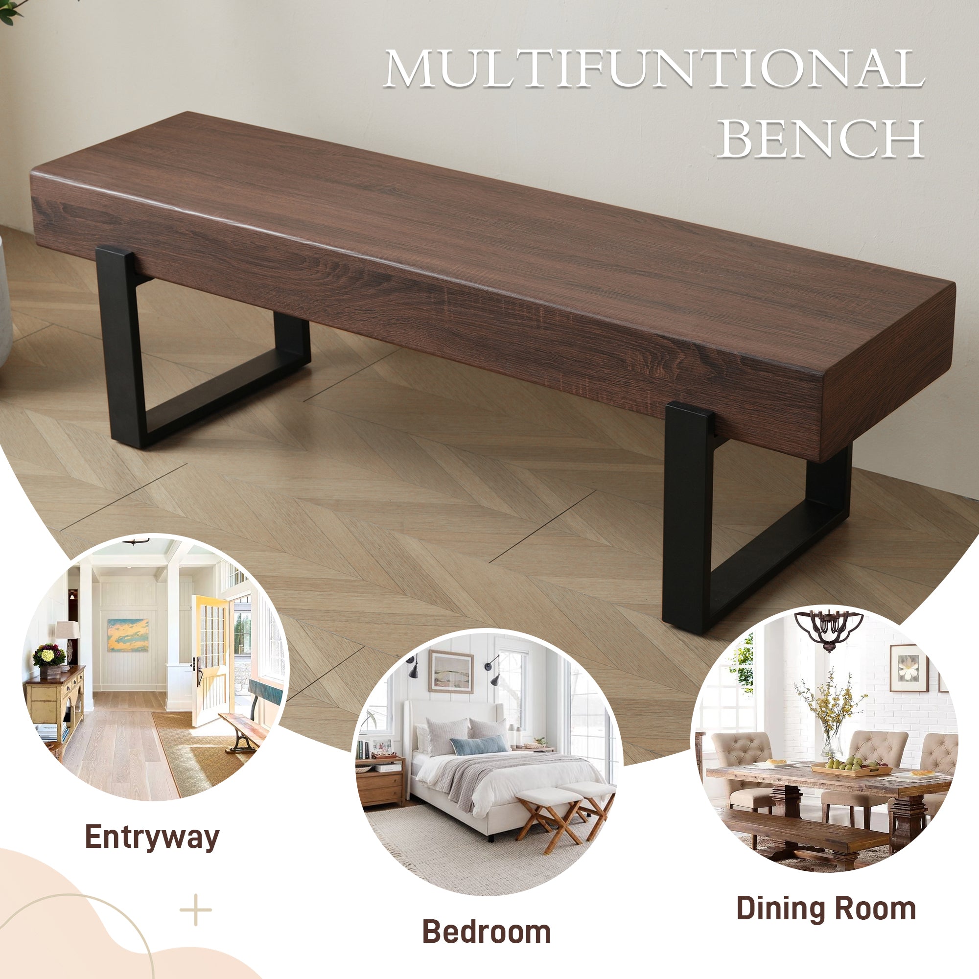 59' Dining Bench, Farmhouse Indoor Kitchen Table Benches, Bed Bench, Industrial Shoe Bench, Entryway Benches - Grand Goldman Shop