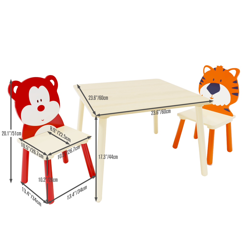 Kids Table and 2 Chairs Set, Wooden Activity Play Table Set with Bear & Tiger Design in White & Orange, Solid Wood and MDF Co