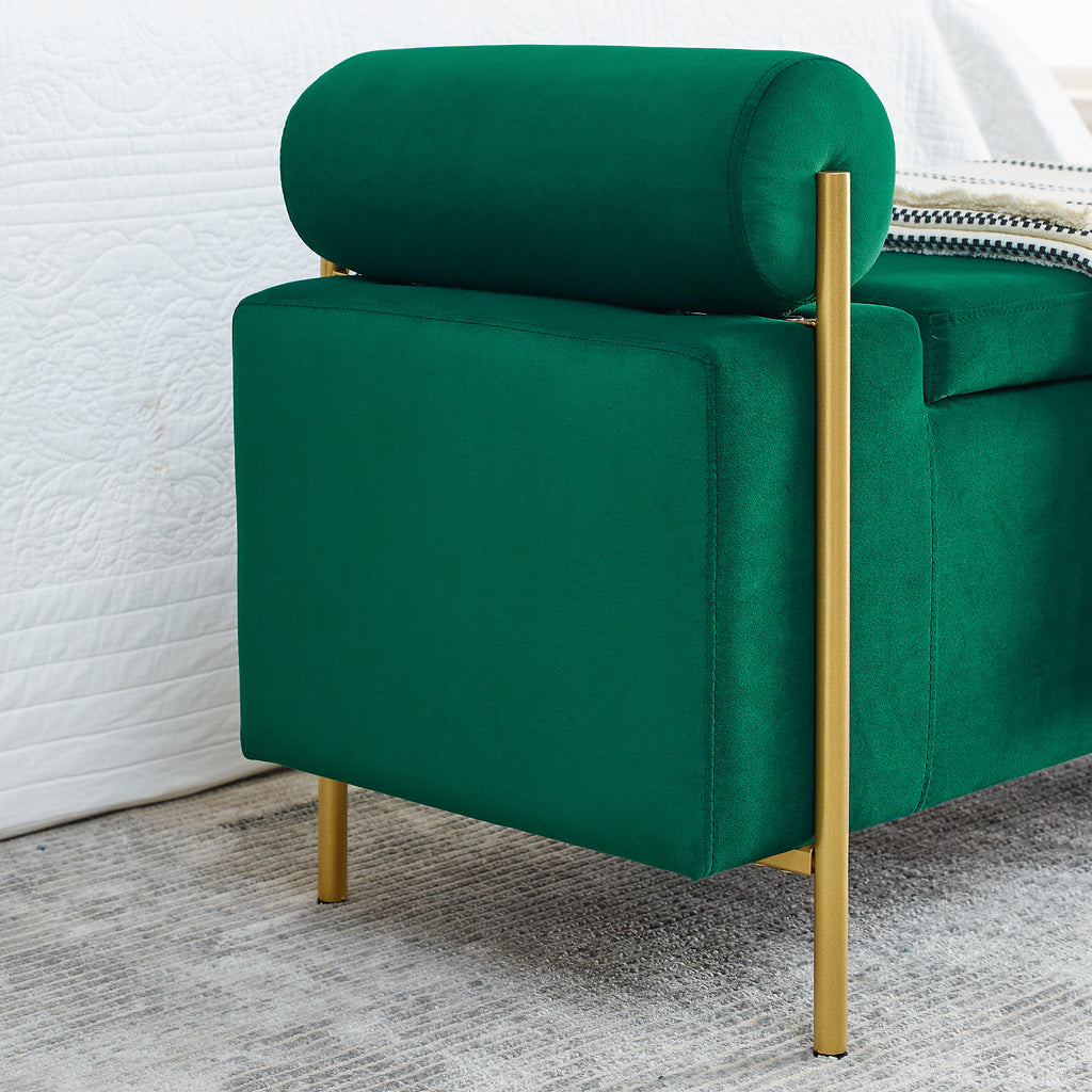 Elegant Upholstered Velvet Storage Bench with Cylindrical Arms and Iron Legs, Green - Grand Goldman Shop
