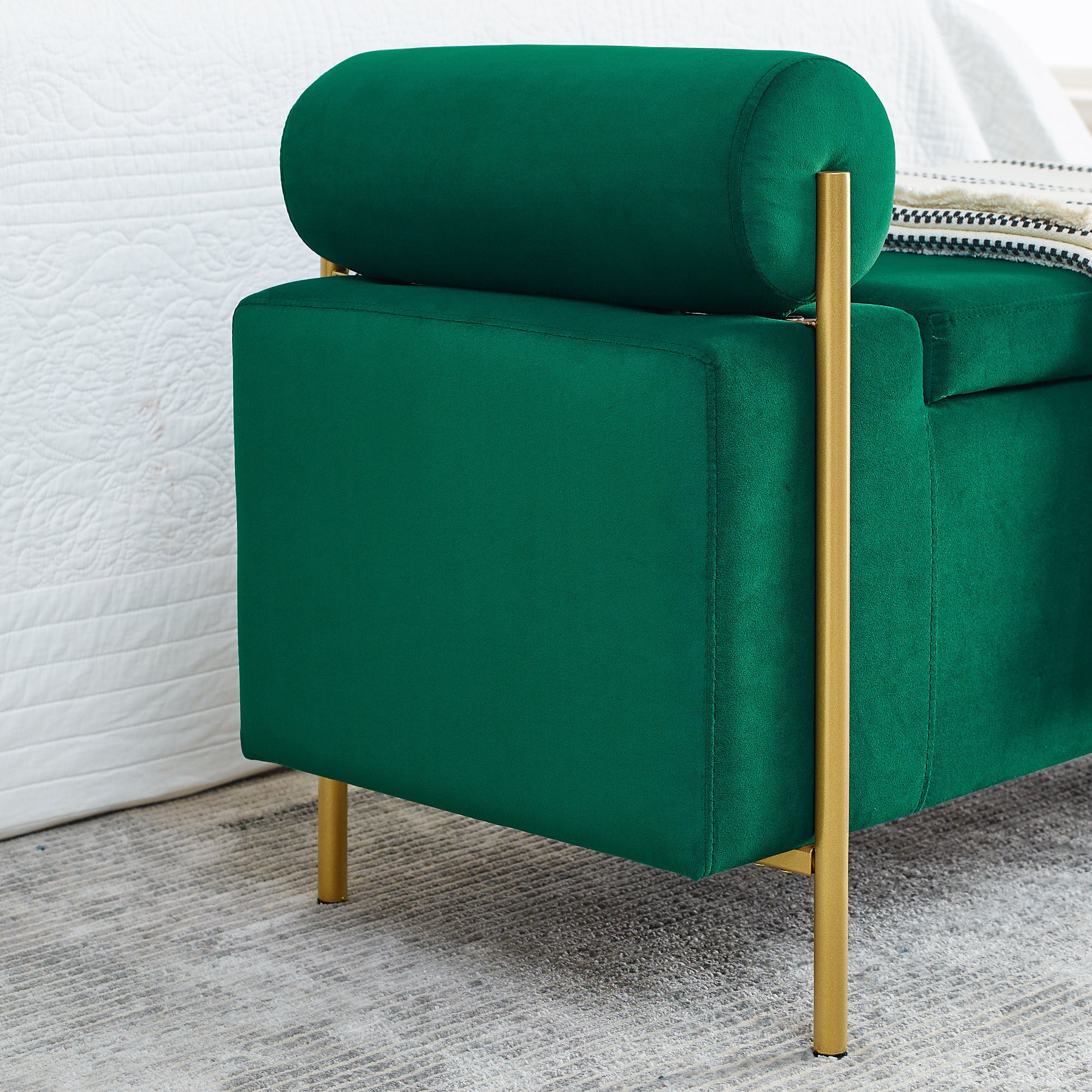 Elegant Upholstered Velvet Storage Bench with Cylindrical Arms and Iron Legs, Green - Grand Goldman Shop