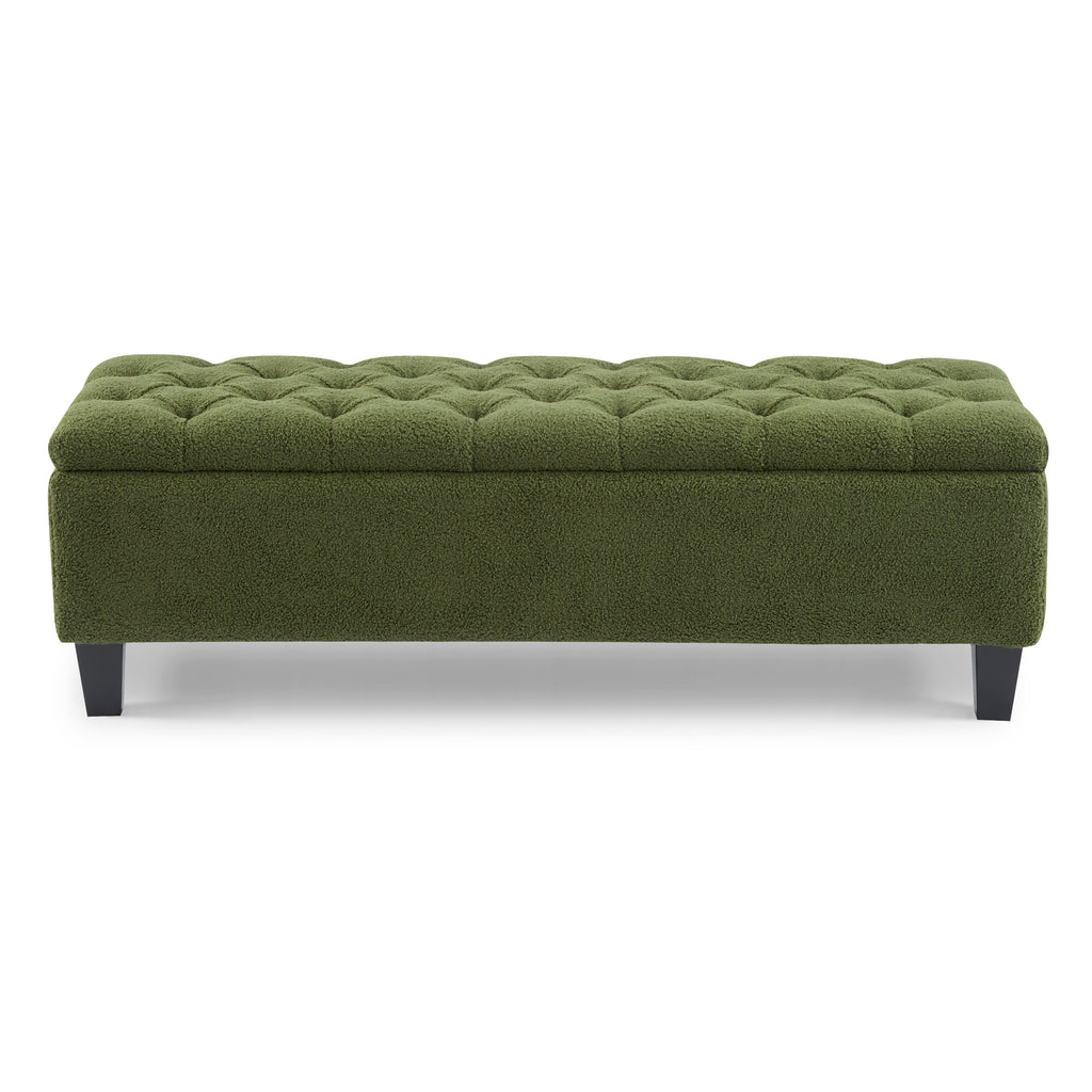 Ottoman Bench with Storage, Green Boucle Surface, Rubber Wood Legs, 300 lbs Capacity - Grand Goldman Shop