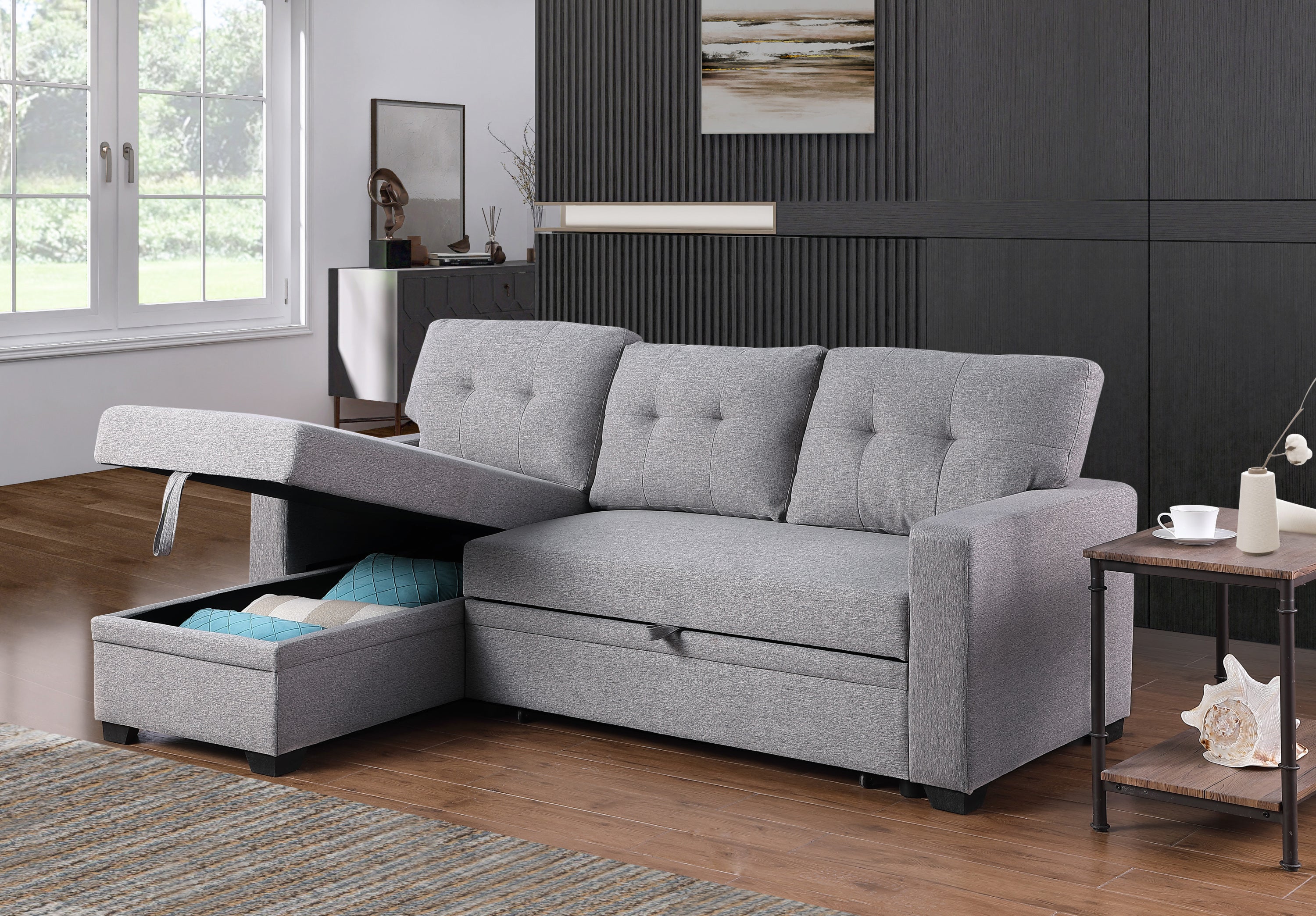 Upholstered Pull out Sectional Sofa with Chaise - Grand Goldman Shop