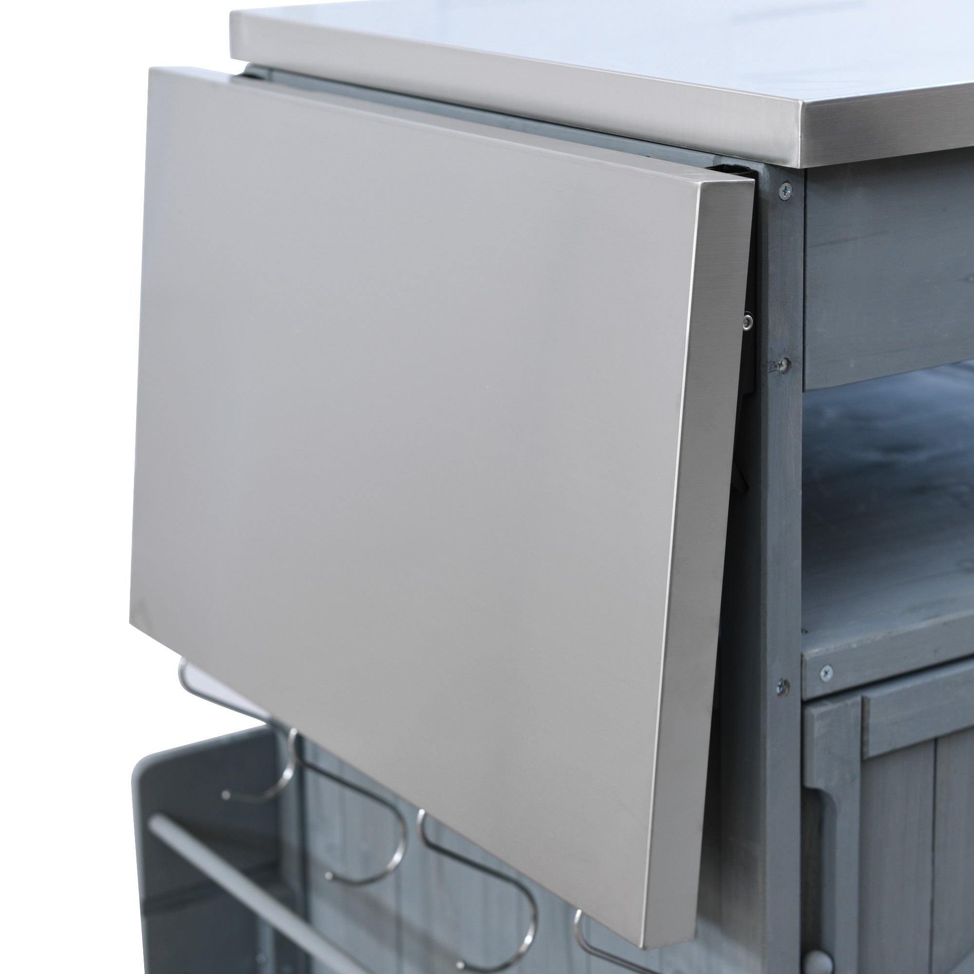 K&K 40.5' Outdoor Grill Cart with Stainless Steel Top, Solid Wood Outdoor Storage Cabinet with Drop Leaf, One Drawer, Towel Rack, Rolling Kitchen Cart with Lockable Wheels for Lawn Garden, Blue Grey - Grand Goldman Shop