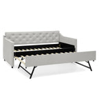 Beige Linen Upholstered Twin Daybed with Pop-up Trundle and USB Charging Armrest - Grand Goldman Shop