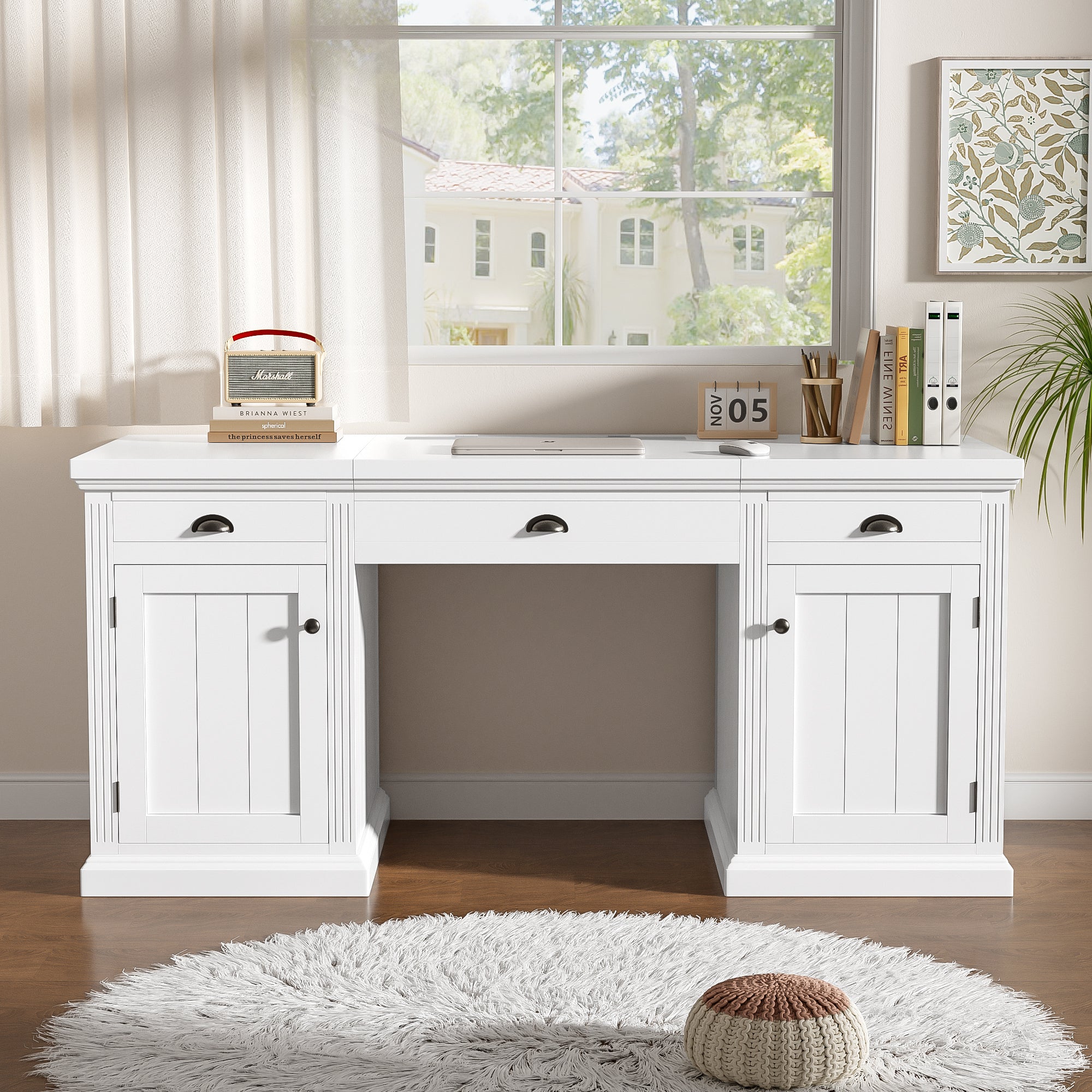 67' Modern Executive Desk,Computer Desk with 2 Wooden Doors Storage Cabinet and 3 Drawers, Rectangle Home Office Desk  ,Readi