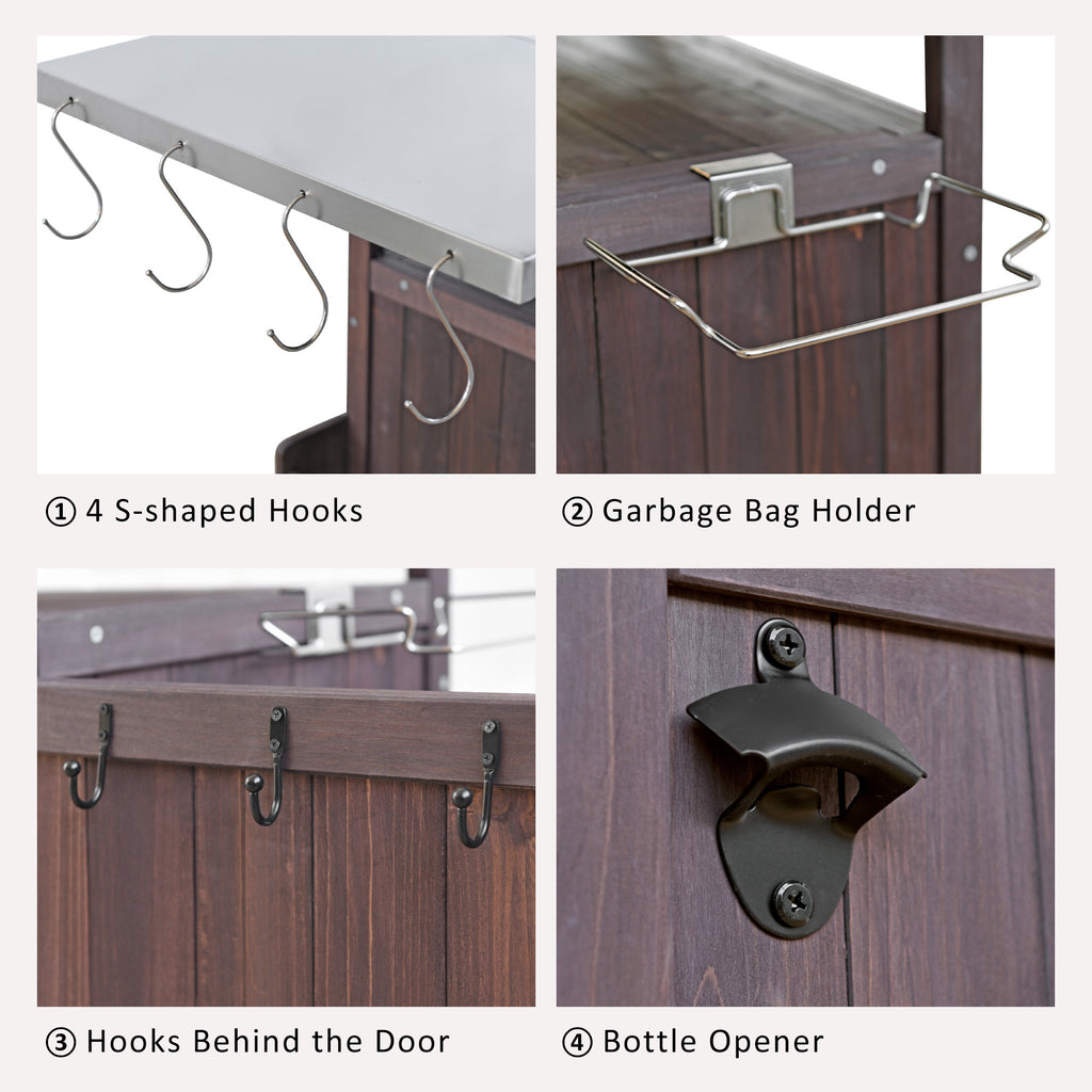 K&K 40.5' Outdoor Grill Cart with Stainless Steel Top, Solid Wood Outdoor Storage Cabinet with Drop Leaf, One Drawer, Towel Rack, Rolling Kitchen Cart with Lockable Wheels for Lawn Garden, Brown - Grand Goldman Shop