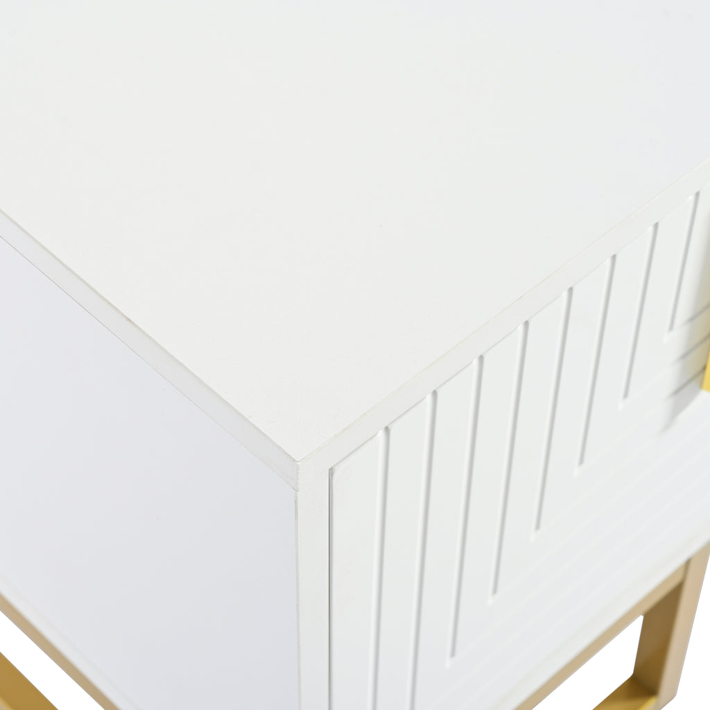 ON-TREND Modern TV Stand with Metal Legs and Gold Handles for TVs Up to 80'', Media Console Table with Cabinets and Adjustable Shelves, Luxury TV Cabinet with Geometric Lines for Living Room, White - Grand Goldman Shop