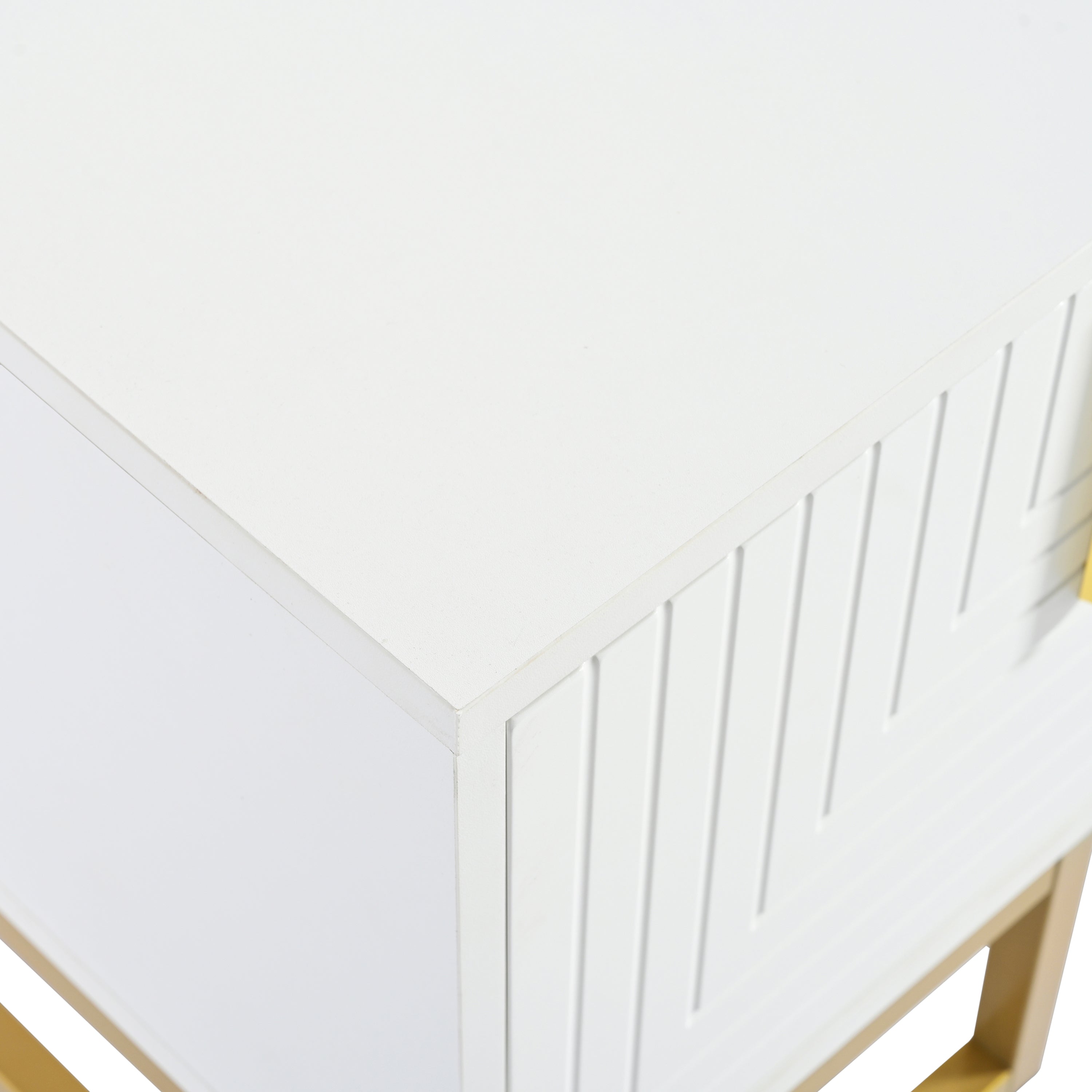 ON-TREND Modern TV Stand with Metal Legs and Gold Handles for TVs Up to 80'', Media Console Table with Cabinets and Adjustable Shelves, Luxury TV Cabinet with Geometric Lines for Living Room, White - Grand Goldman Shop
