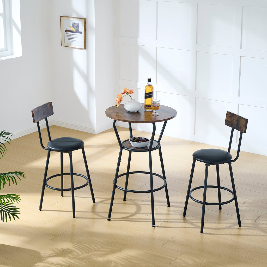 Rustic Brown Round Bar Table and Stool Set with Shelf, Upholstered Stool with Backrest, Metal & Wood, 24.17'W x 24.17'D x 36.02'H - Grand Goldman Shop