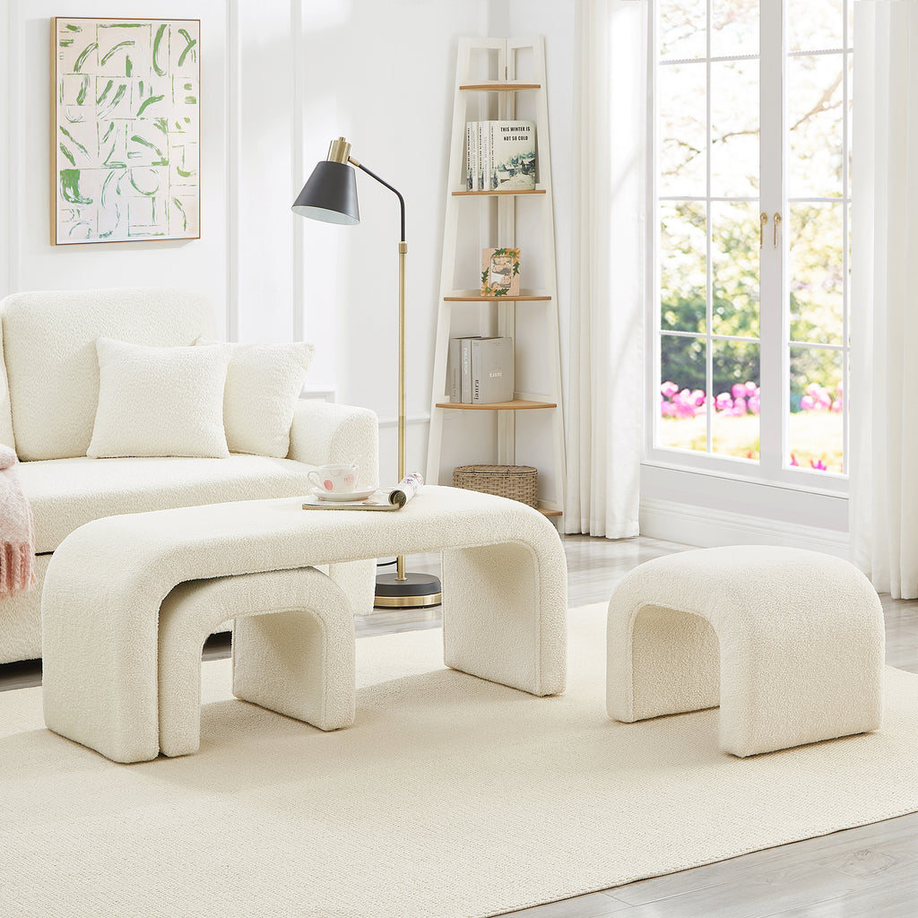 Set of 3 U-Shaped Modern Bench Teddy  Ottoman Bench for Entryway, Bedroom End of Bed, Set of 3 Small Sofa Footrest Extra Seating for Living Room, 44+18 Inch Bench Bench & Ottoman- Cream - Grand Goldman Shop