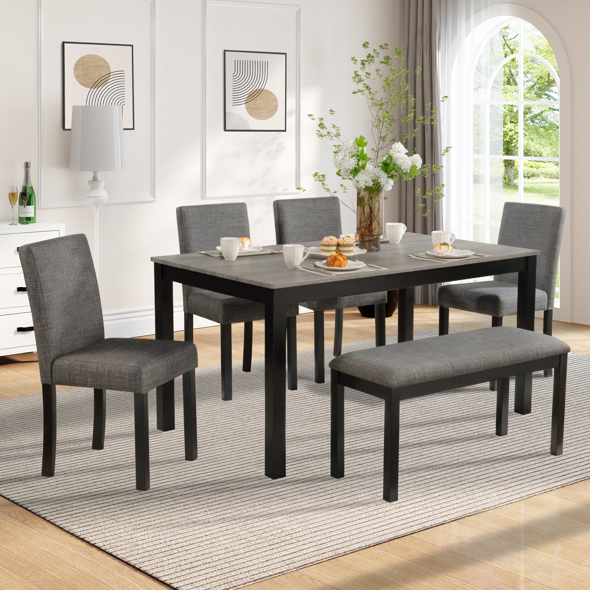 Modern 6-Piece Dining Table Set with Bench and Chairs for Dining Room or Kitchen – Light Grey & Black Two-Tone - Grand Goldman Shop