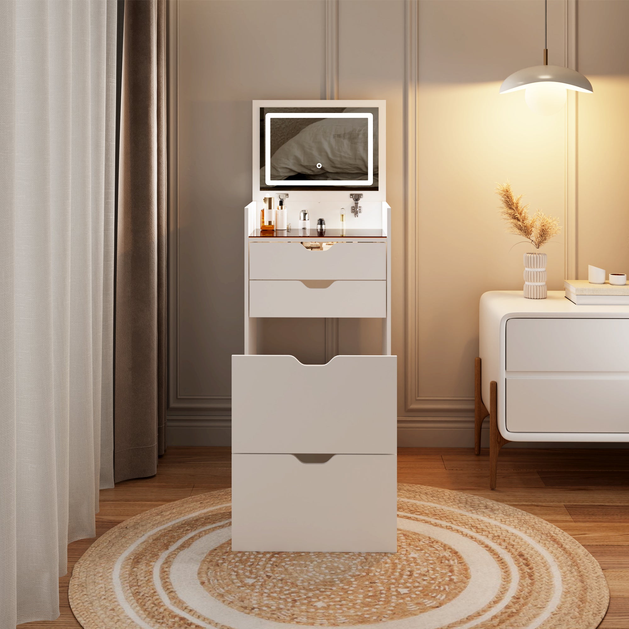Dressing Table and Stool, 3-in-1 Multifunctional Dressing Table Set, Featuring Three-color Lighting Modes, HD Mirror, Two Sliding Drawers, and a Hidden Storage Stool - Grand Goldman Shop